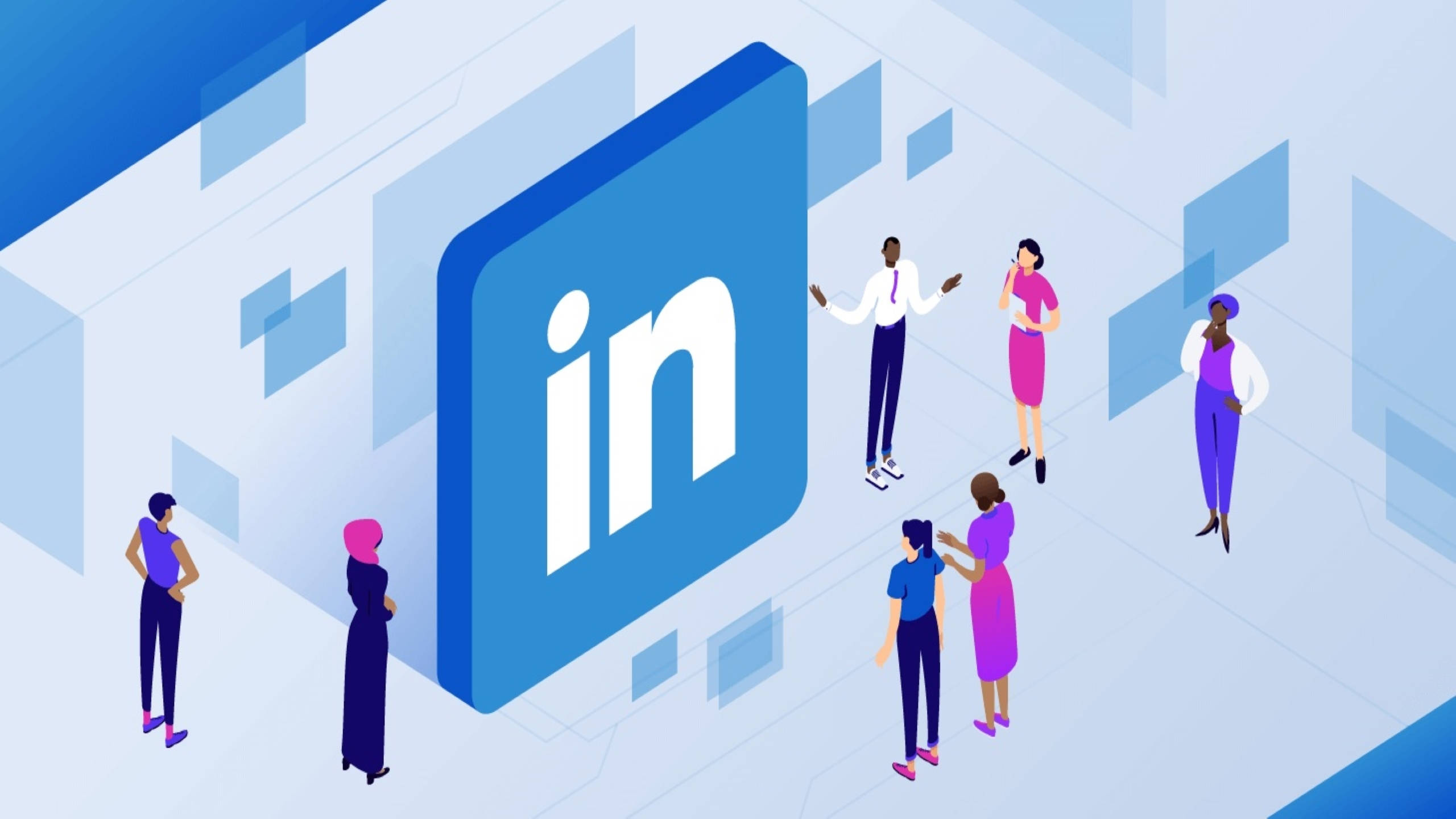 Linkedin 桌布 壁紙 — 在現代數位空間中，不同專業人士圍繞大型LinkedIn標誌進行社交的等距插圖。