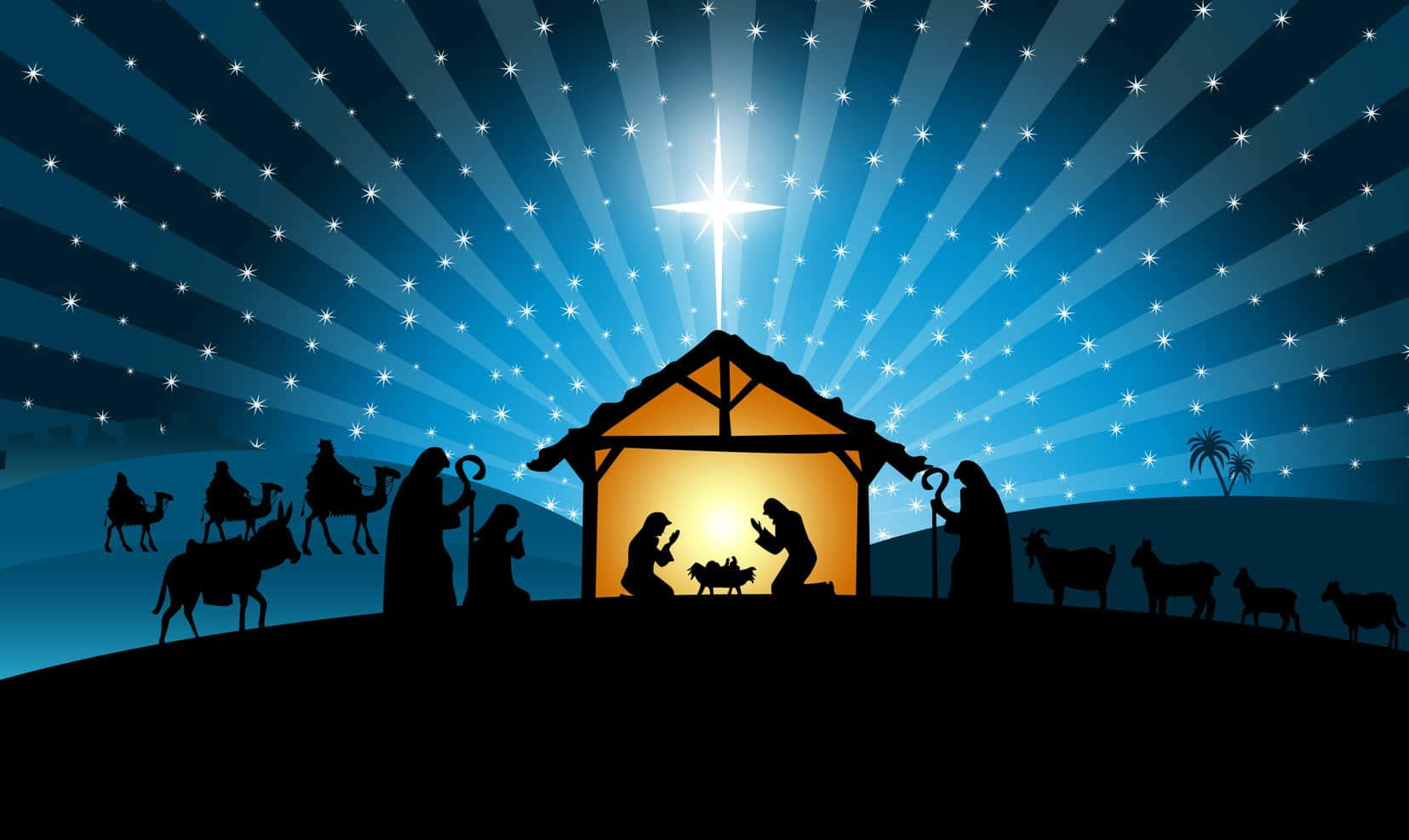 Nativity Scene 桌布 壁紙 — 在璀璨星空下，剪影呈現的耶穌誕生場景，有發光的馬槽和走近的牧羊人與智者。