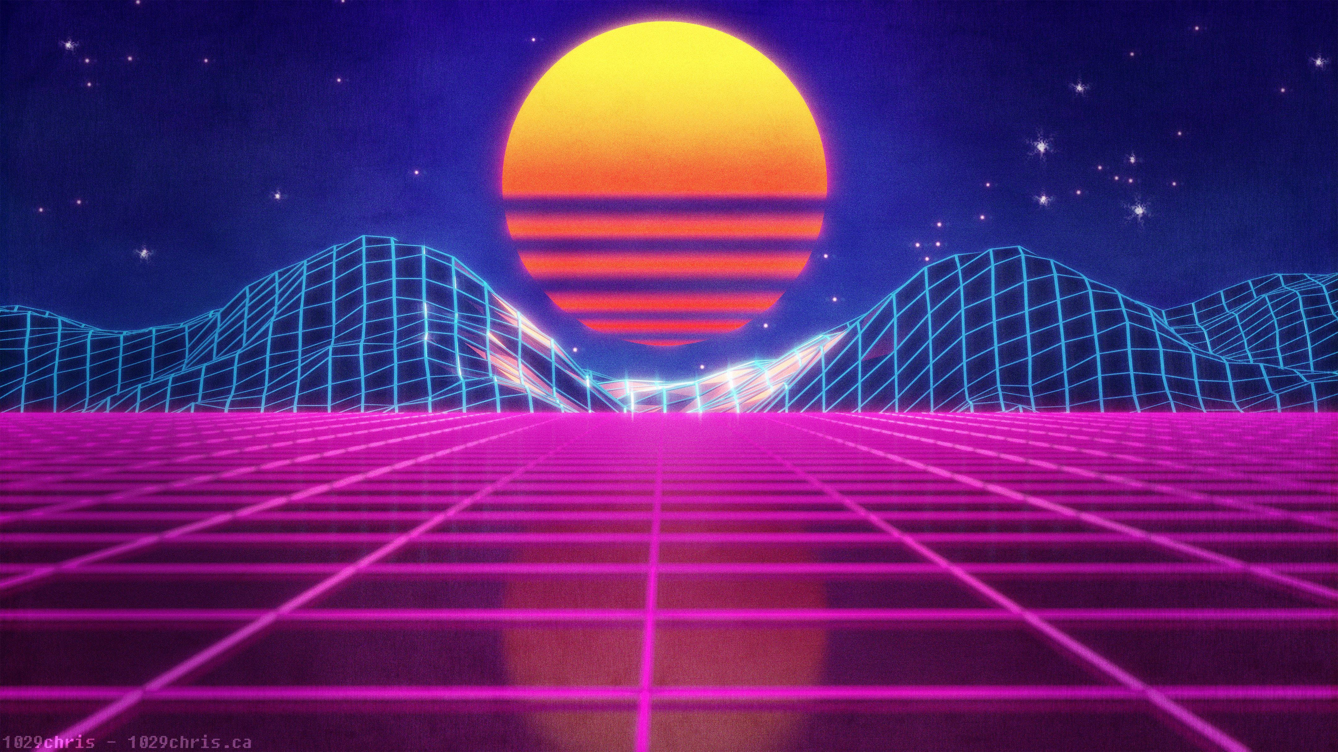 Outrun 桌布 壁紙 — 在發光日落、星空和線框山脈下的霓虹網格景觀。