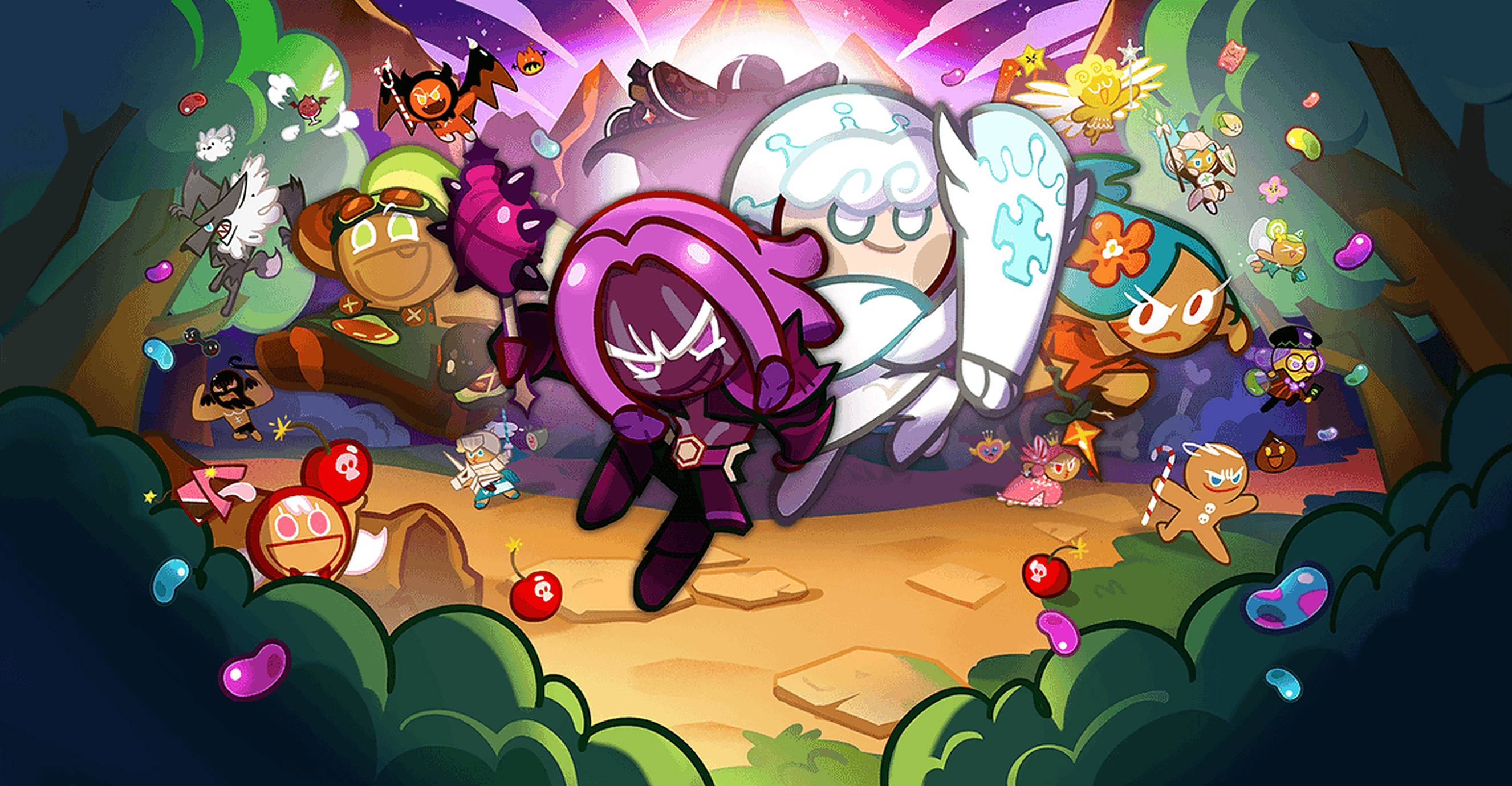 Cookie Run 桌布 壁紙 — 在發光的天空下，魔法森林中餅乾角色與怪物進行的一場充滿活力的卡通戰鬥場景。