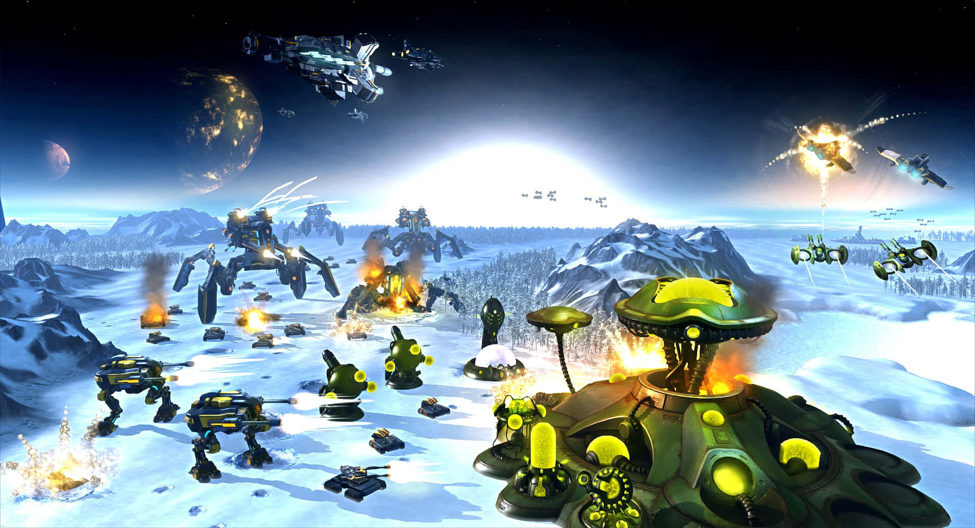Real-time Strategy Games 桌布 壁紙 — 在發光的太陽下，未來的戰爭機器在雪覆蓋的外星行星上戰鬥，飛船在天空中射擊。