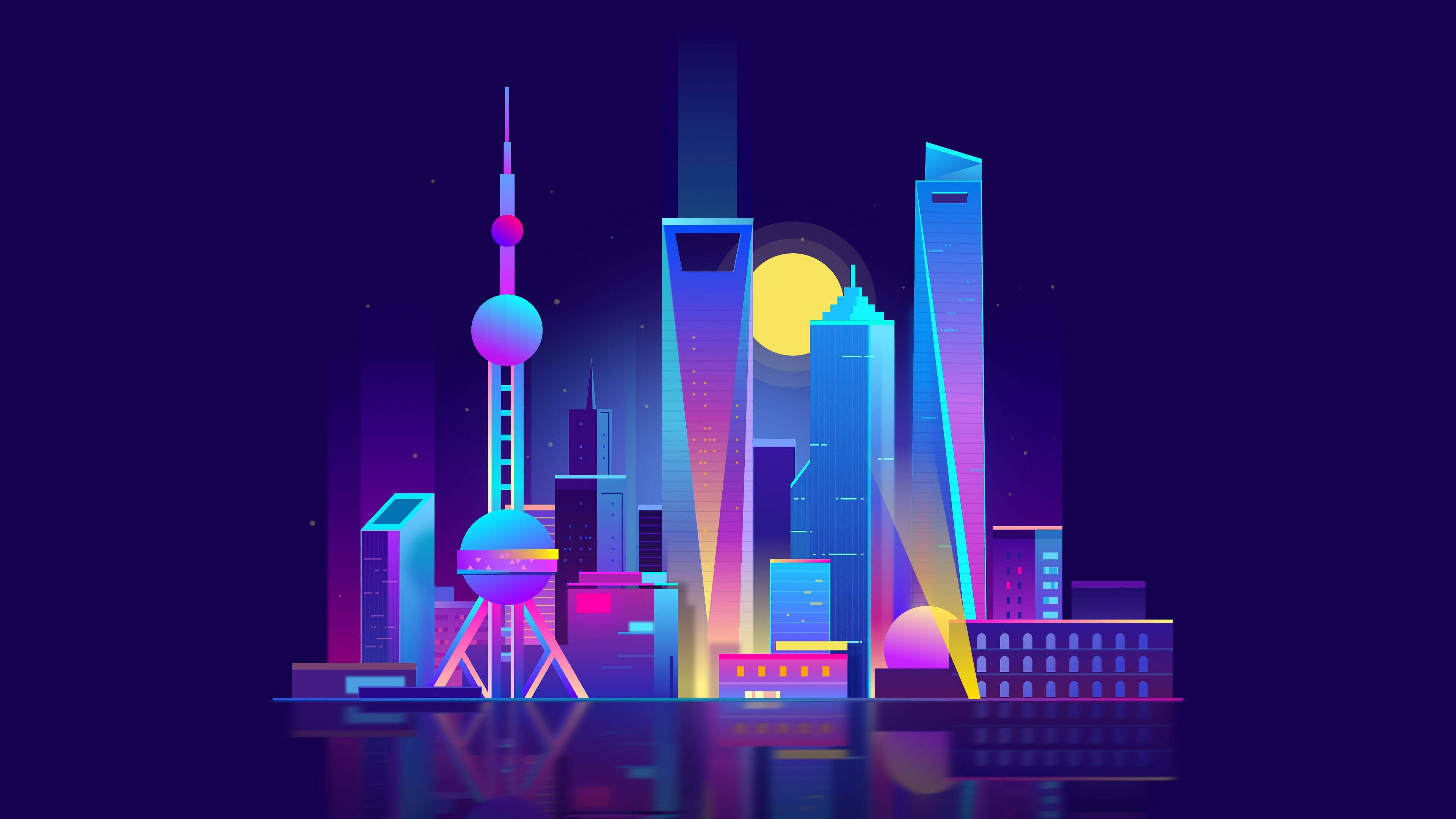Shanghai 桌布 壁紙 — 在發光的月亮下，充滿活力的霓虹燈摩天大樓倒映在水中，形成風格化的數位城市景觀。