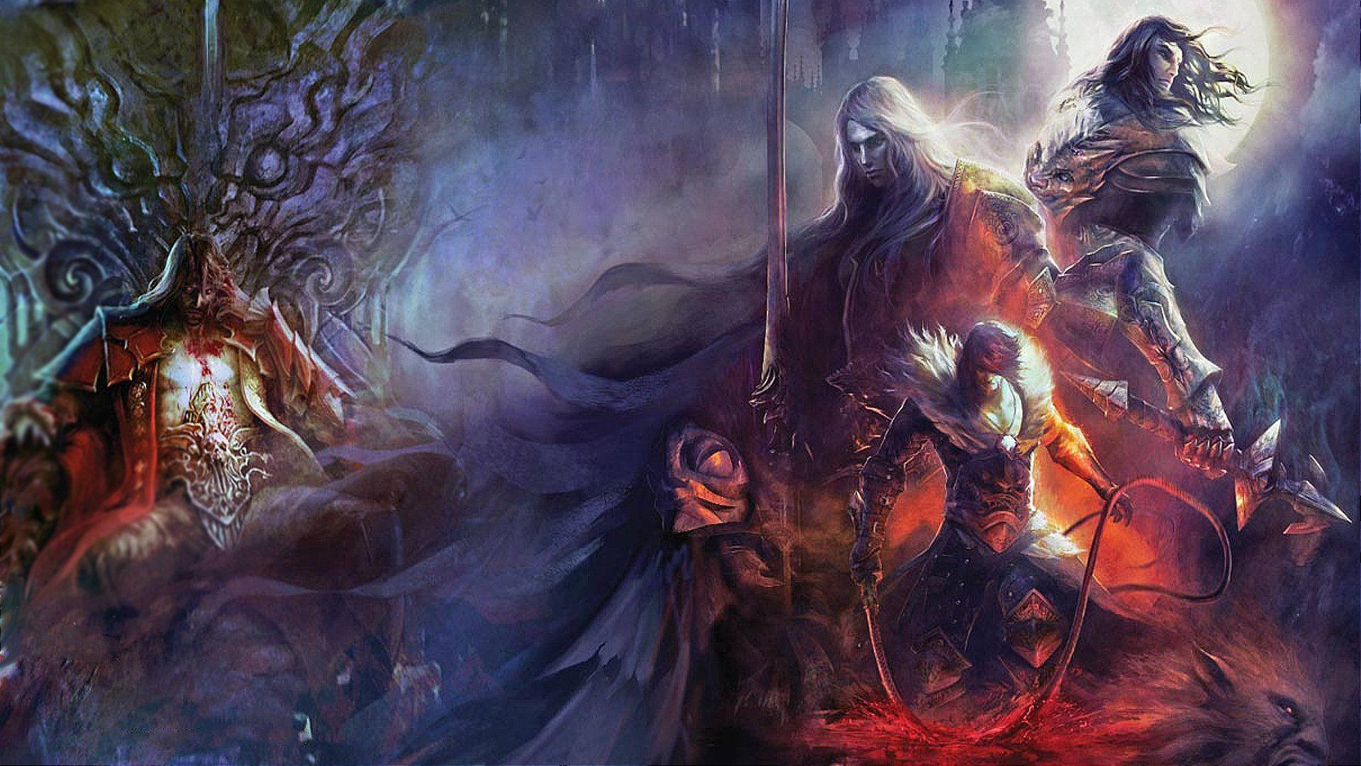 Castlevania 桌布 壁紙 — 在發光的月亮下，裝甲戰士對抗被束縛在王座上的怪物般人物的黑暗奇幻戰鬥場景。