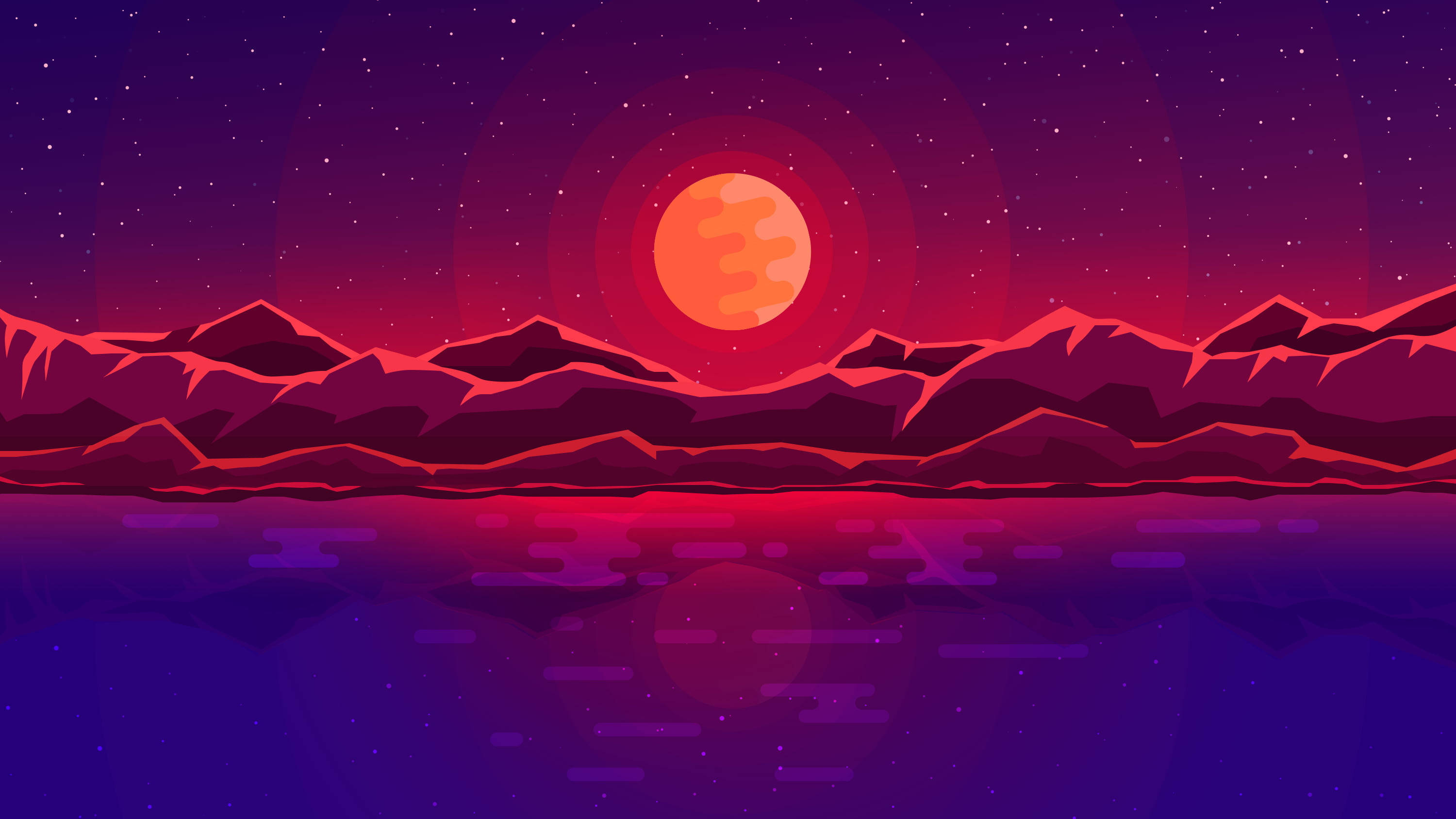 vector 桌布 壁紙 — 在發光的橙色太陽下，風格化的山脈倒映在星空下平靜的紫色湖泊中。