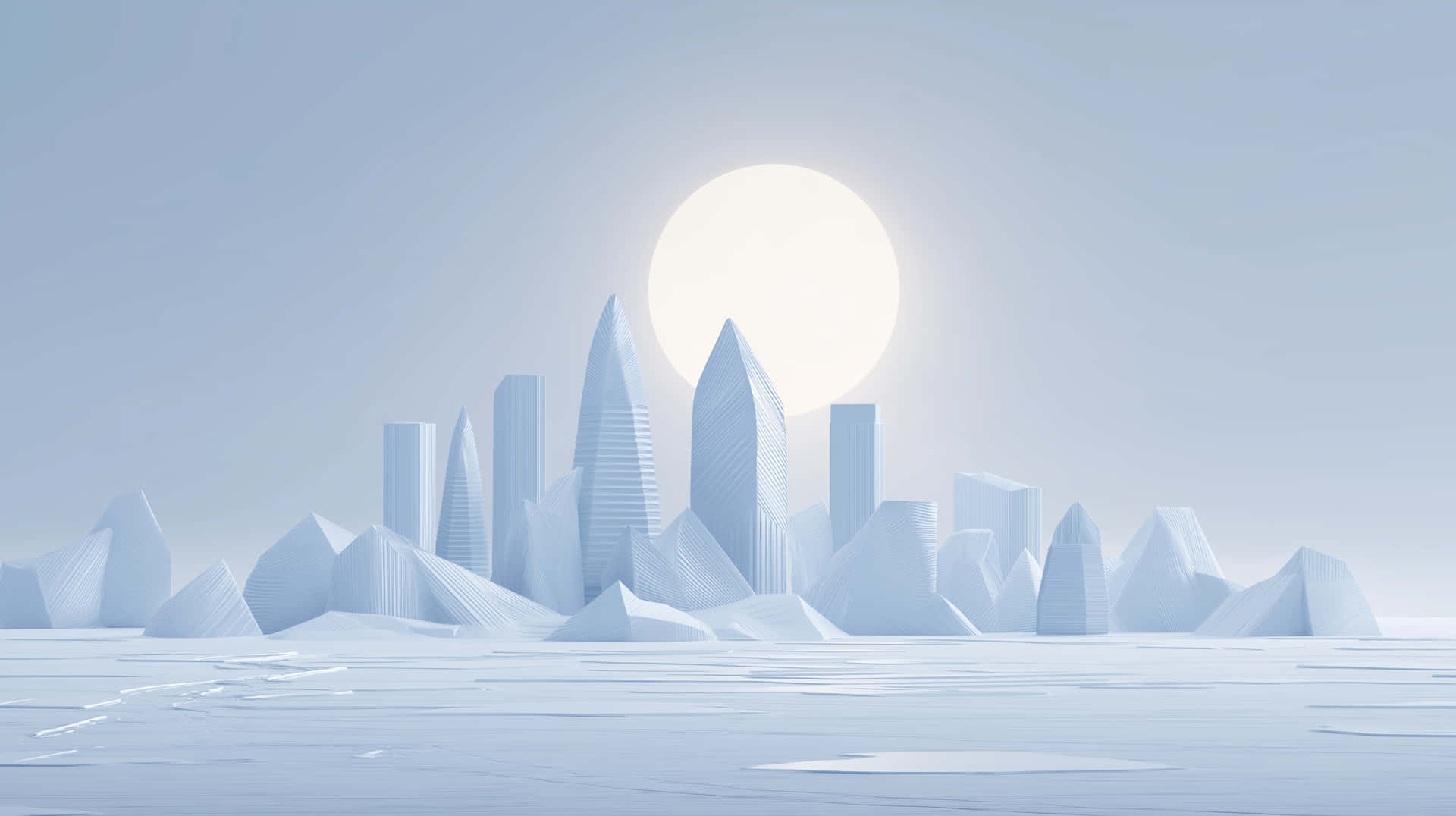 Minimalist Arctic City Skyline with Geometric Ice Buildings 壁紙 — 在發光的滿月下，一座極簡未來主義的城市景觀，幾何形狀的摩天大樓從雪原中升起。