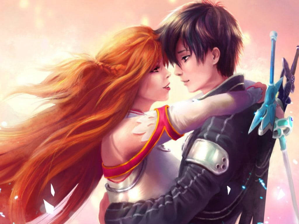 Romantic 桌布 壁紙 — 在發光的粉紅色天空下，一位紅髮女戰士與一位黑髮鎧甲戰士之間的溫柔動漫風格擁抱。
