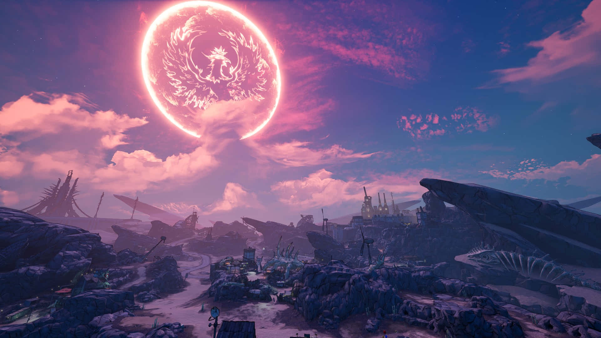 HD Borderlands 3 桌布 壁紙 — 在發光的粉紅色月亮下，帶有鳳凰標誌的超現實外星景觀，特色是參差不齊的廢墟和漂浮的碎片。