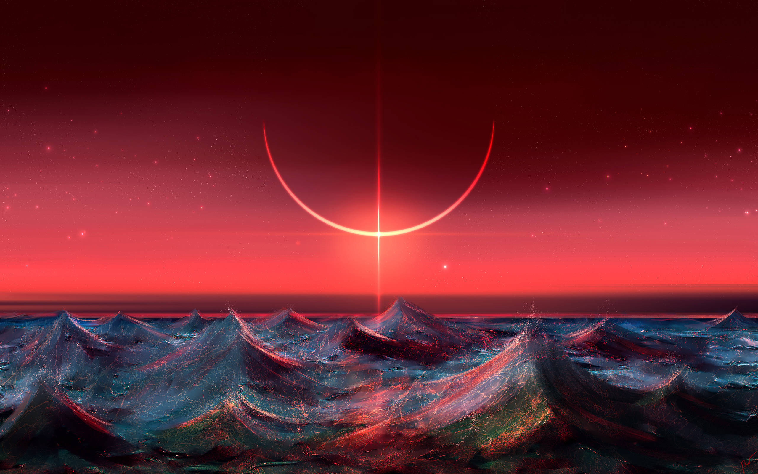 海洋 桌布 壁紙 — 在發光的紅色新月下，星空和泛起漣漪的水面反射宇宙光線的超現實外星海景。