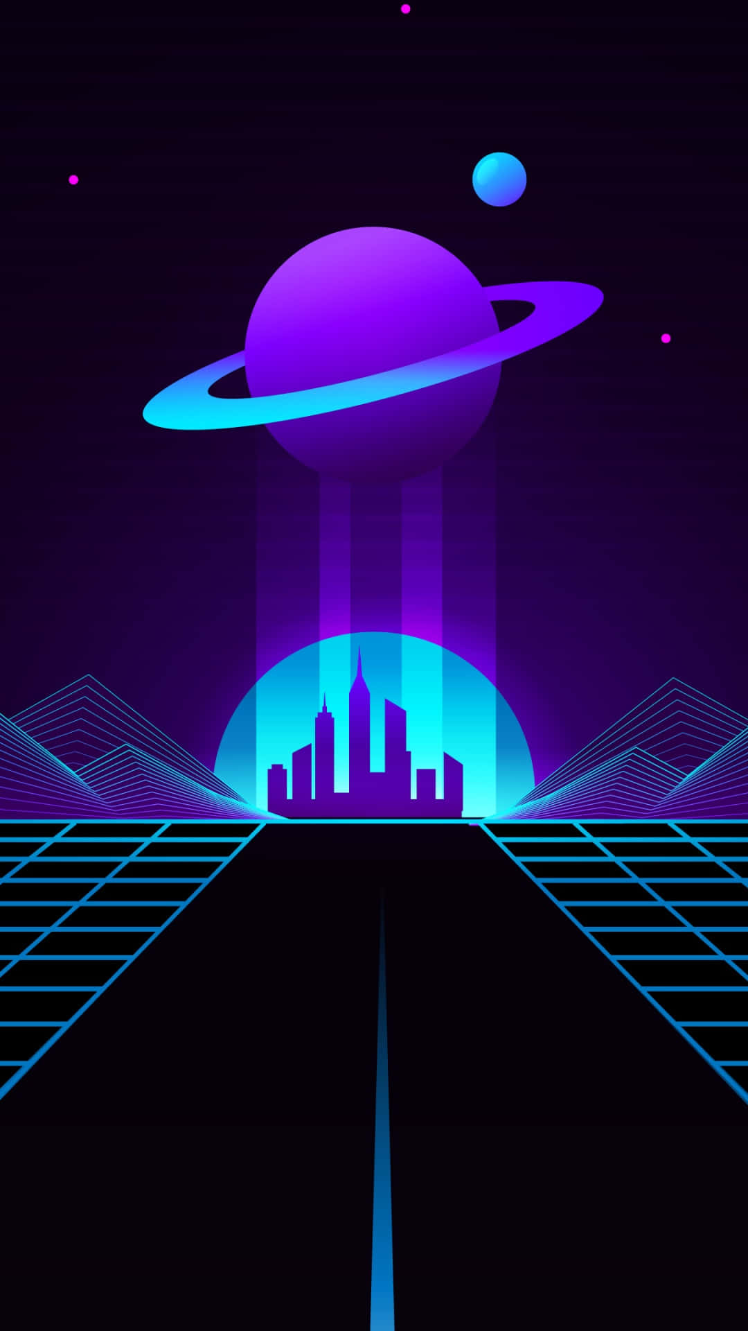 Retro Phone 桌布 壁紙 — 在發光的紫色行星及其光環和遙遠恆星下的霓虹燈復古未來城市景觀。