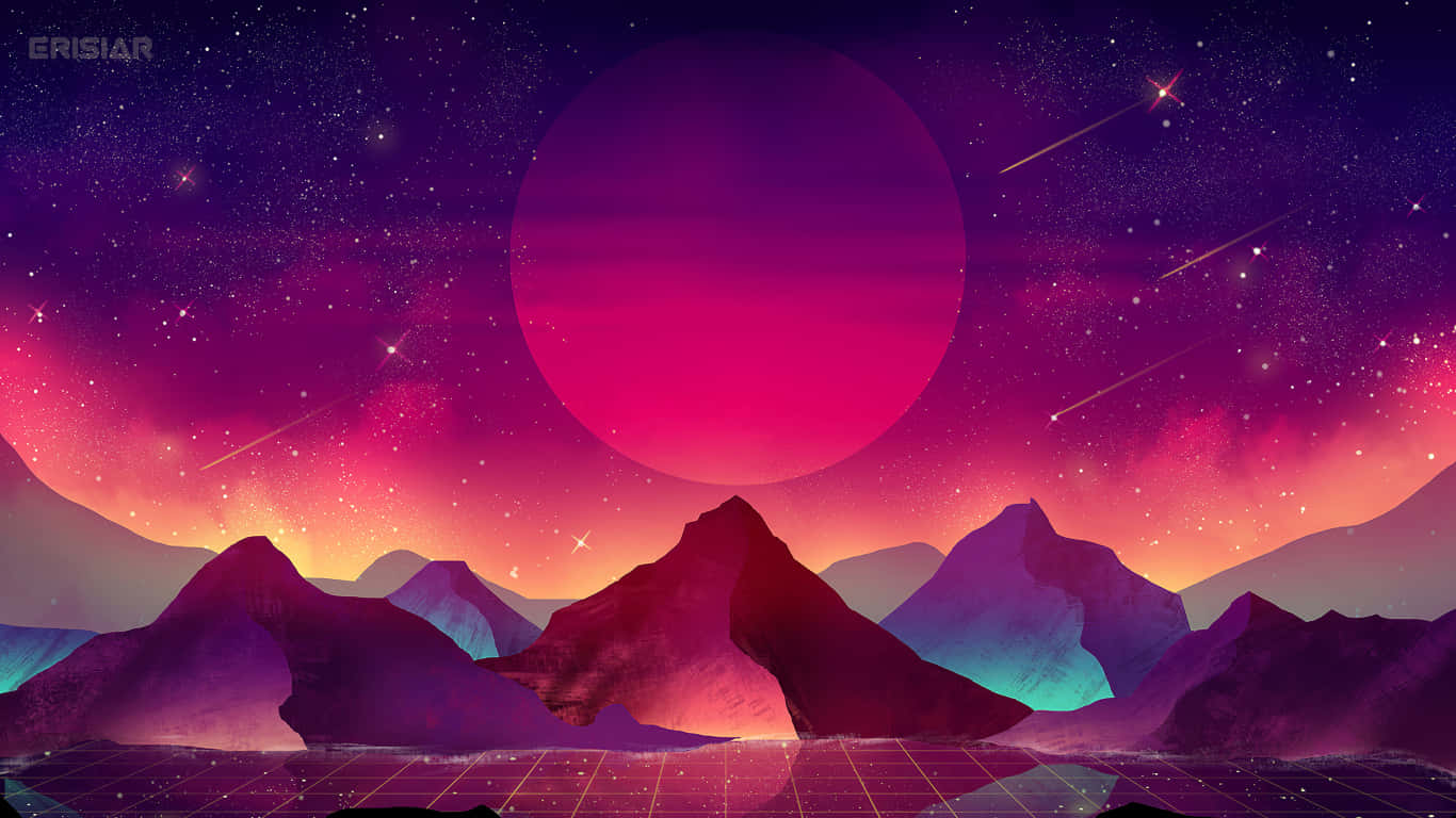 桌布 壁紙 — 在發光粉紅色行星下的復古未來主義山脈，帶有流星和網格圖案地面。