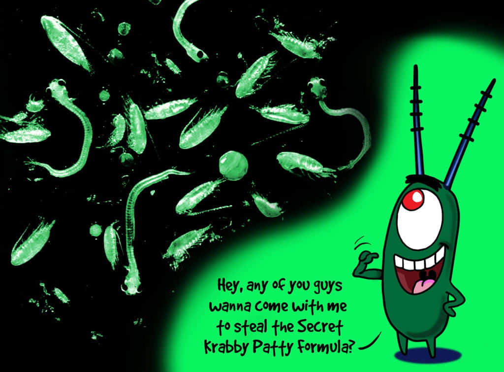 plankton 桌布 壁紙 — 在發光綠色浮游生物中，Squidward 邀請觀眾偷取 Krabby Patty 配方的卡通場景。