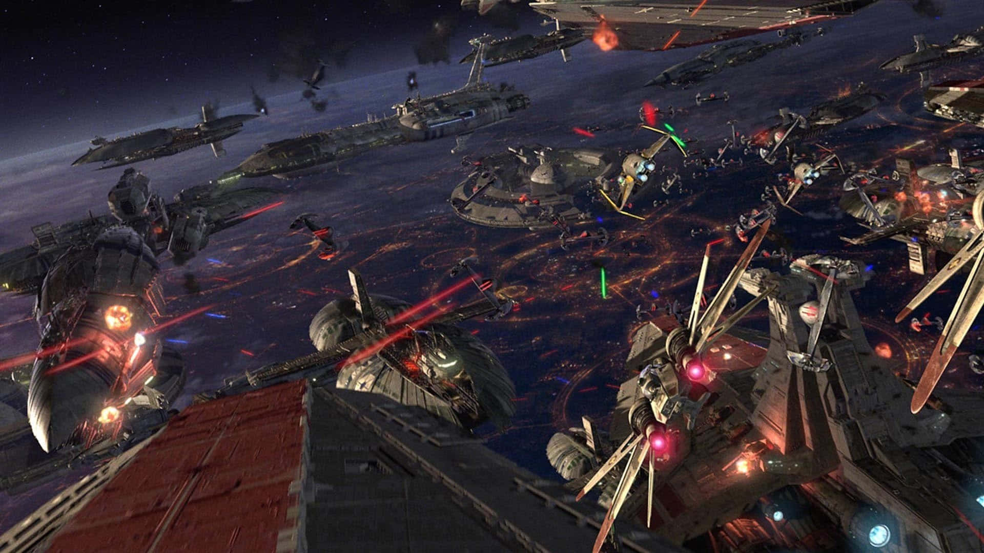 Star Wars Space 桌布 壁紙 — 在發光行星上空，星際戰鬥機與主力艦激烈交火，展開一場激烈的太空戰鬥。