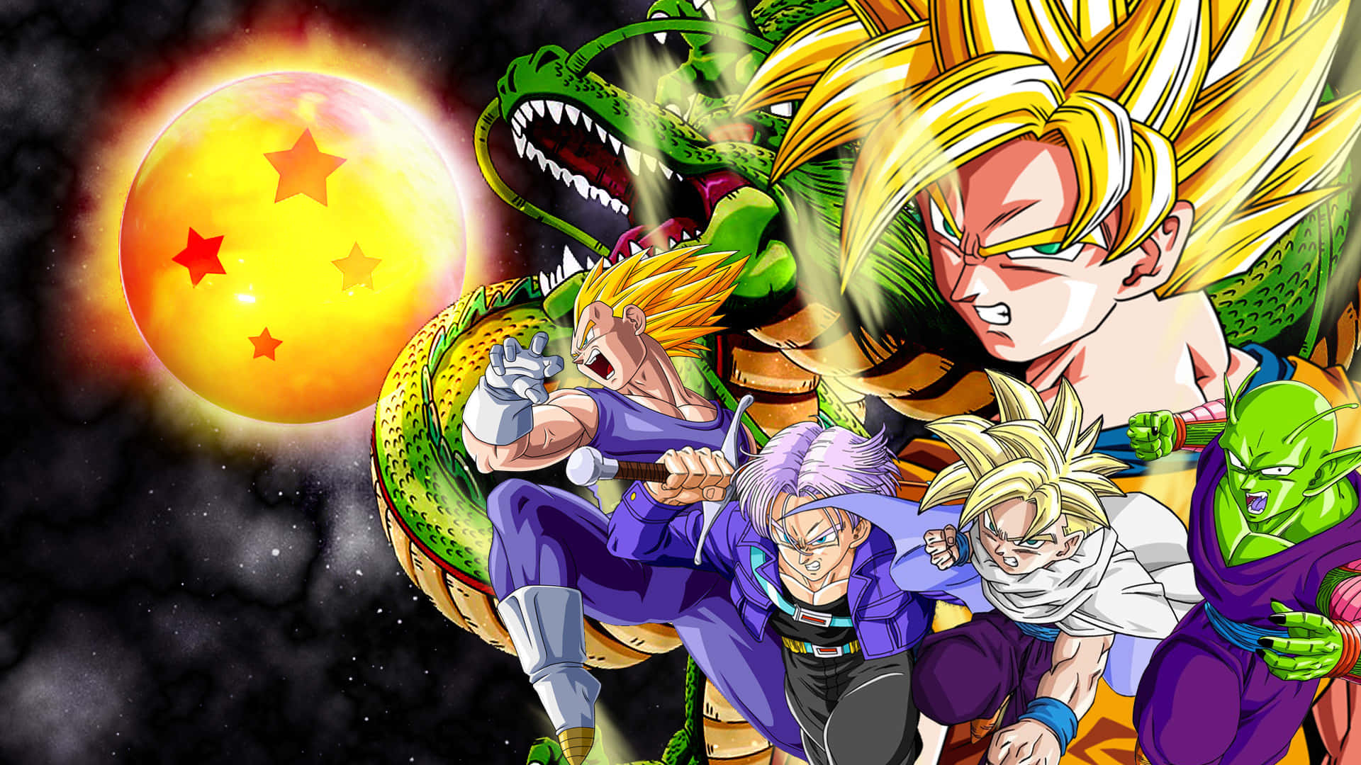 Dragon Ball Z Characters 桌布 壁紙 — 在發光行星和星星下的宇宙場景中，動態的動漫戰士與龍之戰。