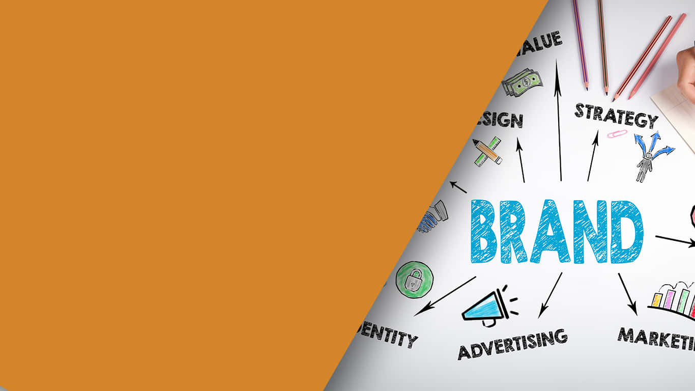 Internet 桌布 壁紙 — 在白紙上的一個充滿活力的腦力激盪草圖，中間有「BRAND」，周圍有箭頭指向策略、廣告和價值等詞語，背景是純橙色。