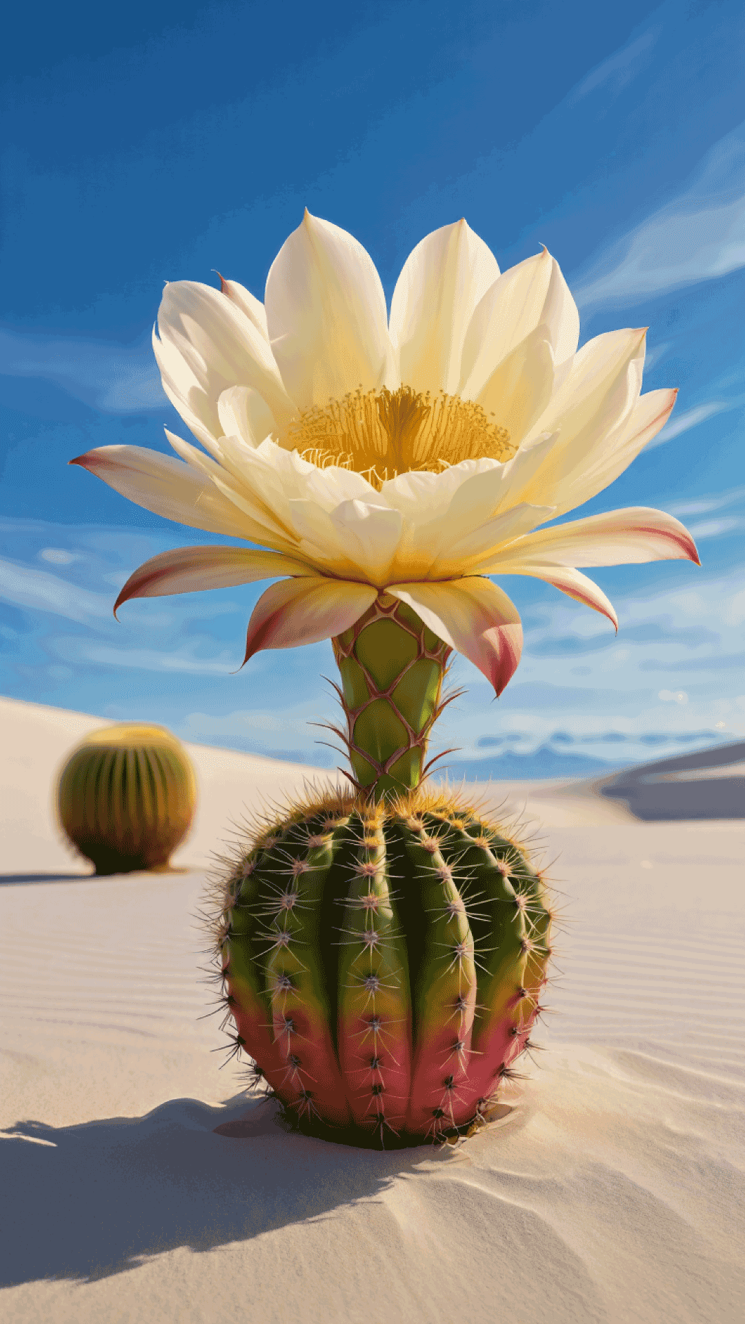 Cactus Flower 桌布 壁紙 — 在白色沙丘的沙漠中，一株充滿活力的仙人掌盛開著一朵巨大的白色花朵，映襯著清澈的藍天。