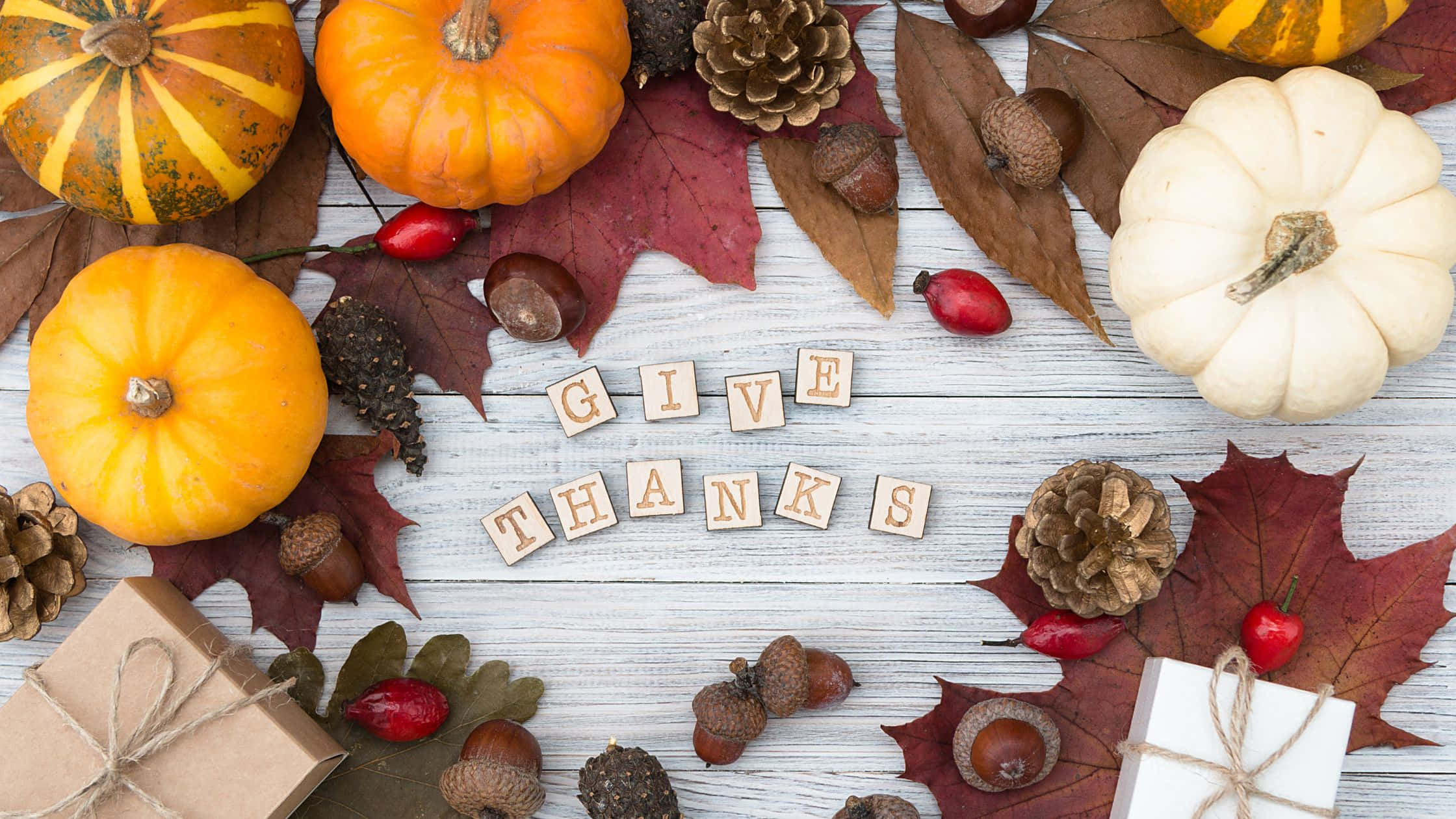Thanksgiving Desktop 桌布 壁紙 — 在白色粉刷的木質表面上，南瓜、松果和紅葉圍繞著拼出 give thanks 的木塊排列的秋季豐收場景。