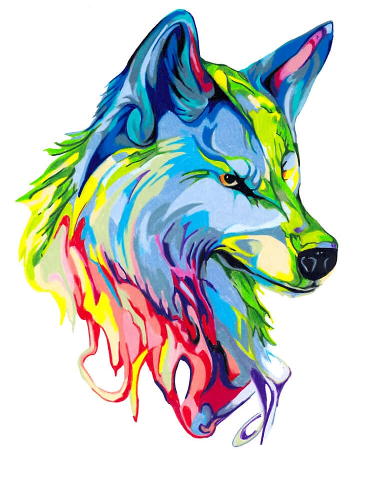 色彩繽紛的抽象狼頭插圖，帶有流動的油漆般色彩。 — 彩虹 GIF 壁紙