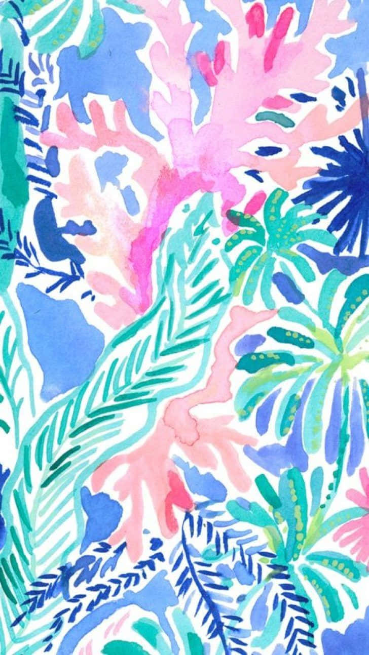 Lilly Pulitzer iPhone 桌布 壁紙 — 在白色背景上，充滿活力的水彩熱帶樹葉和珊瑚，以粉紅色、藍色和綠色呈現。