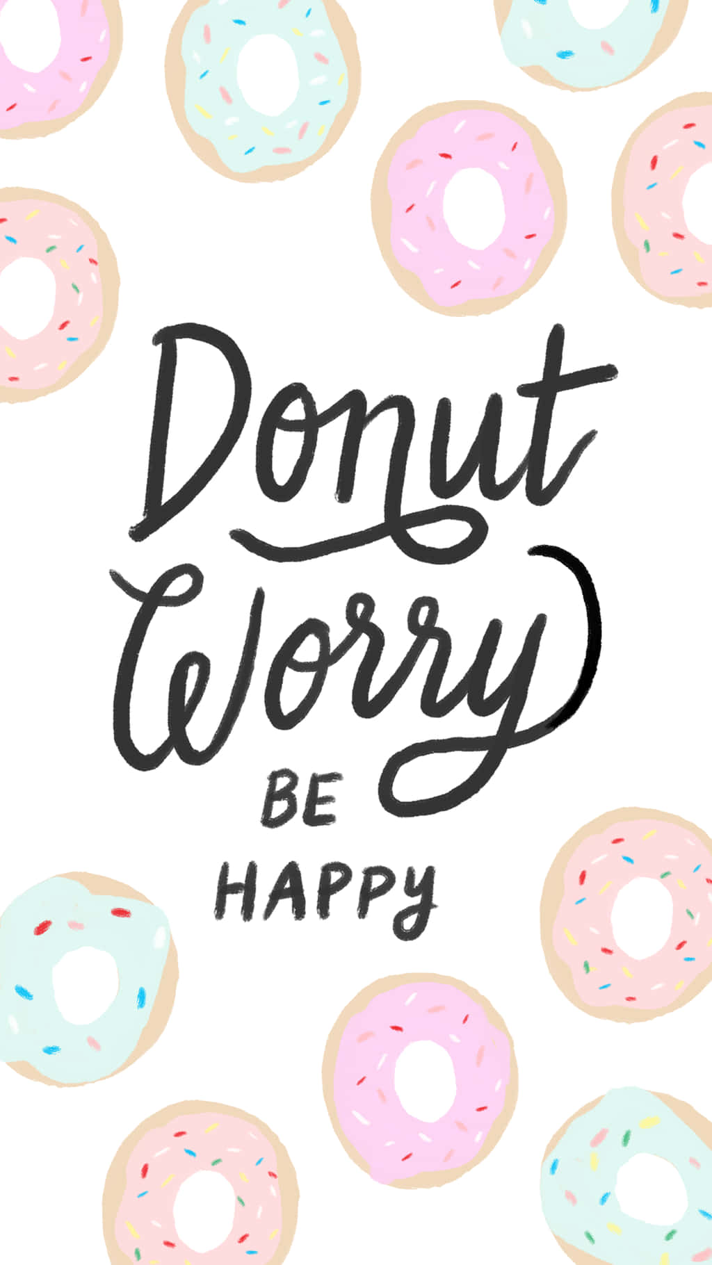 Donut 桌布 壁紙 — 在白色背景上，帶有彩色糖粒的粉彩甜甜圈圍繞著俏皮的黑色文字，寫著「Donut Worry BE HAPPY」。