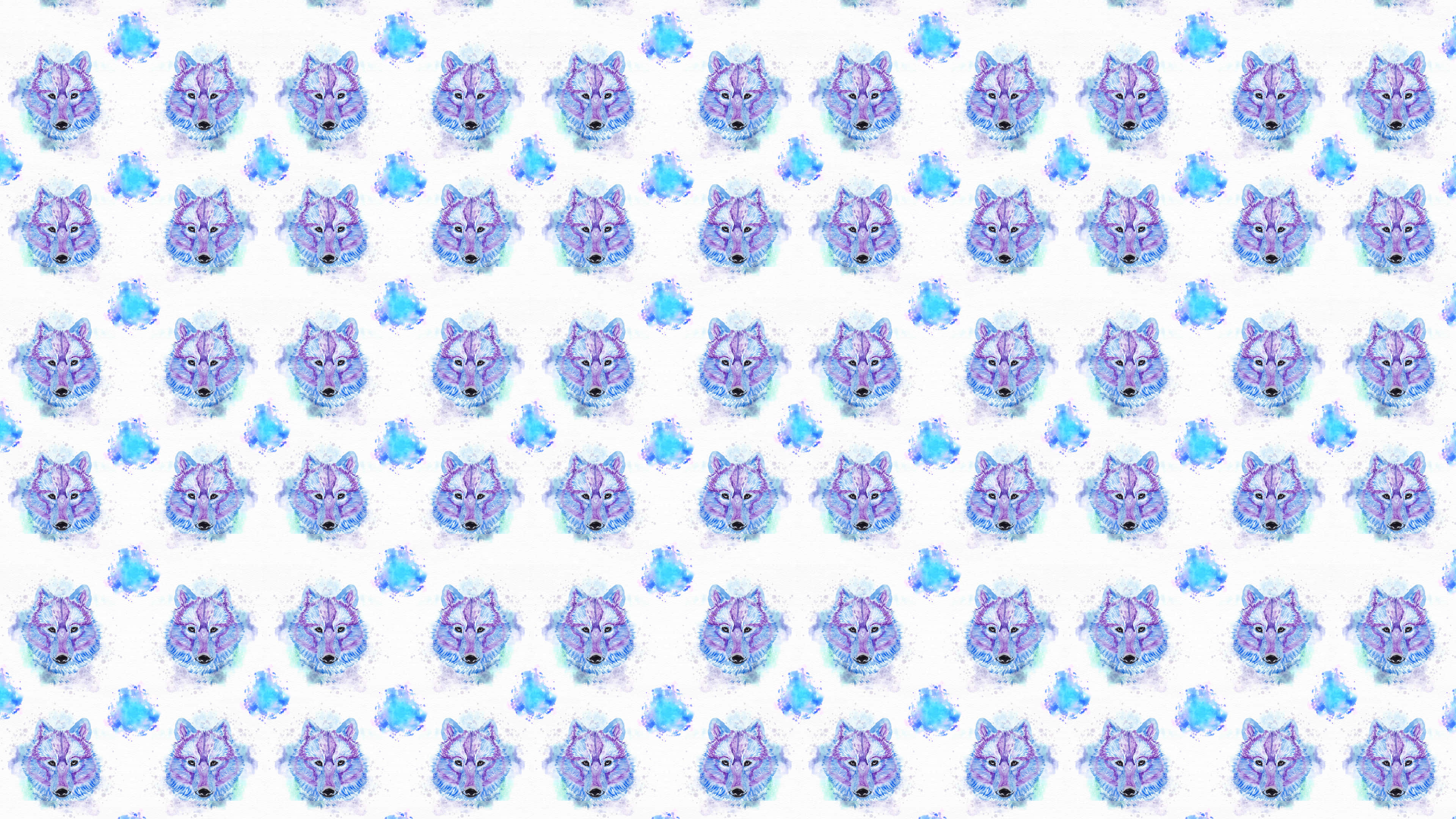 Wolf Pattern 桌布 壁紙 — 在白色背景上以紫色和藍色水彩繪製的重複風格化狼臉圖案。