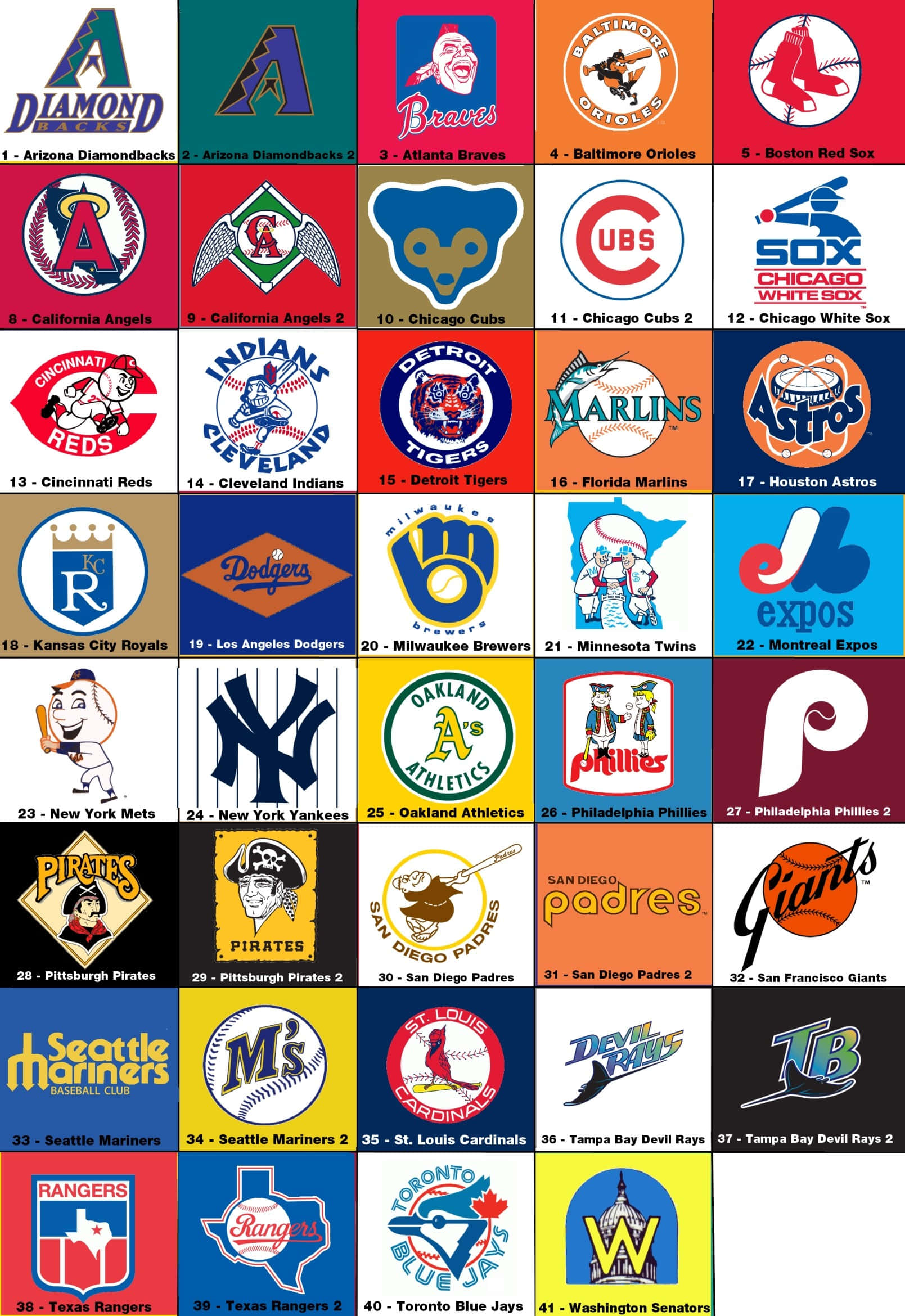 MLB Teams 桌布 壁紙 — 在白色背景上展示的1970年代和1980年代色彩繽紛的復古MLB球隊標誌網格。