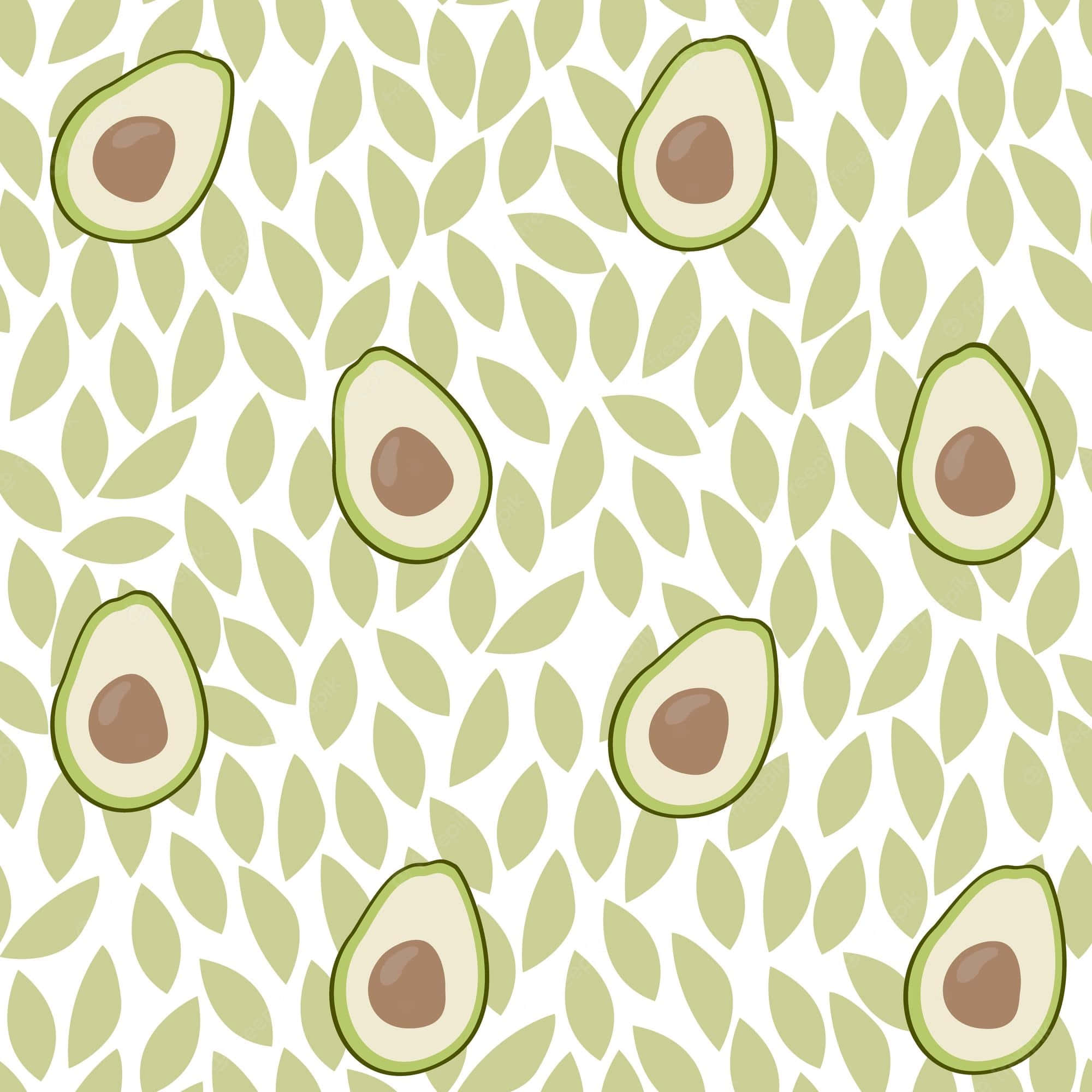 Cute Avocado 桌布 壁紙 — 在白色背景上重複的切片酪梨和淺綠色葉子圖案。