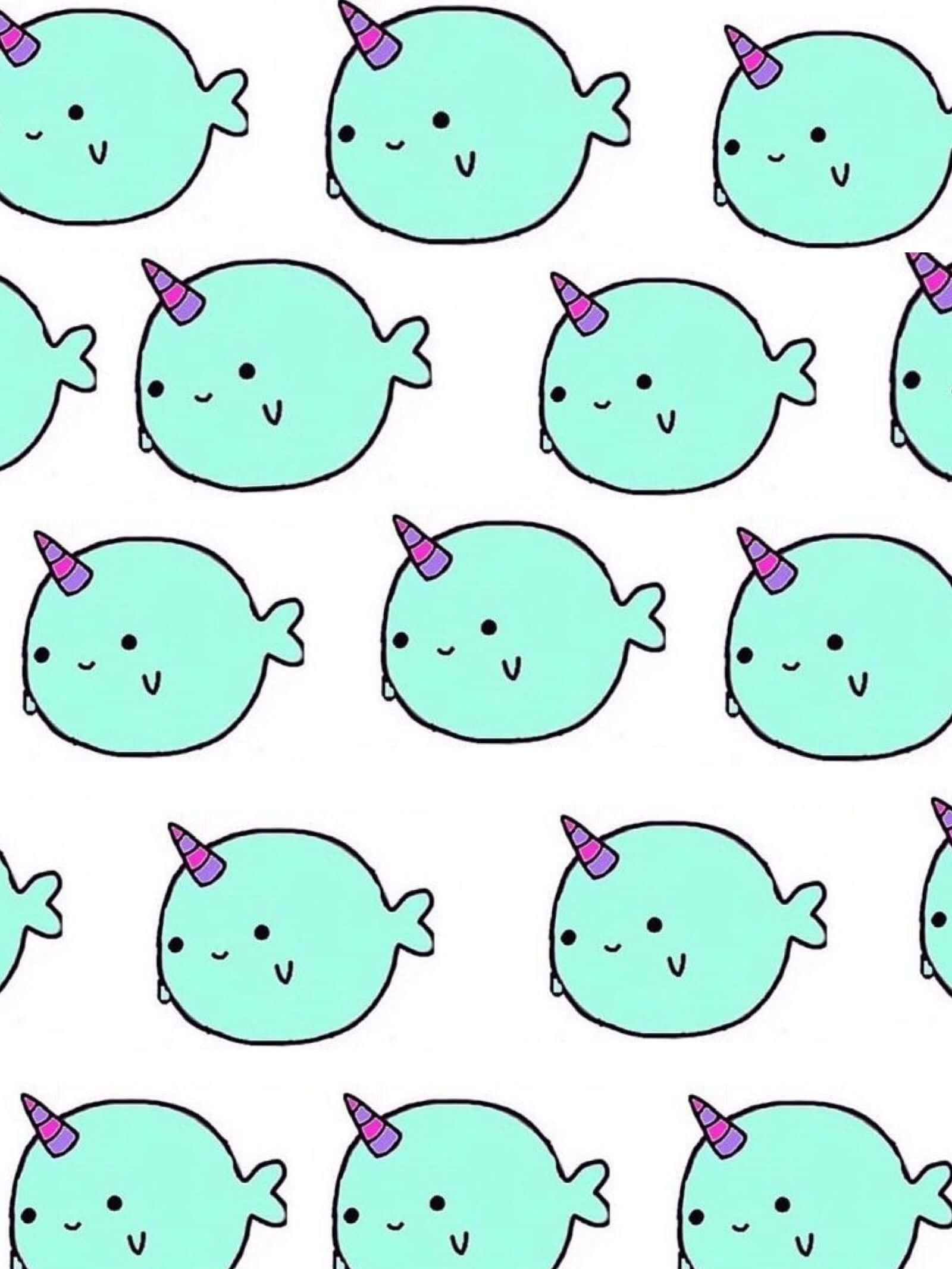 Narwhal 桌布 壁紙 — 在白色背景上重複的可愛薄荷綠色卡通獨角鯨圖案，帶有紫色角微笑。