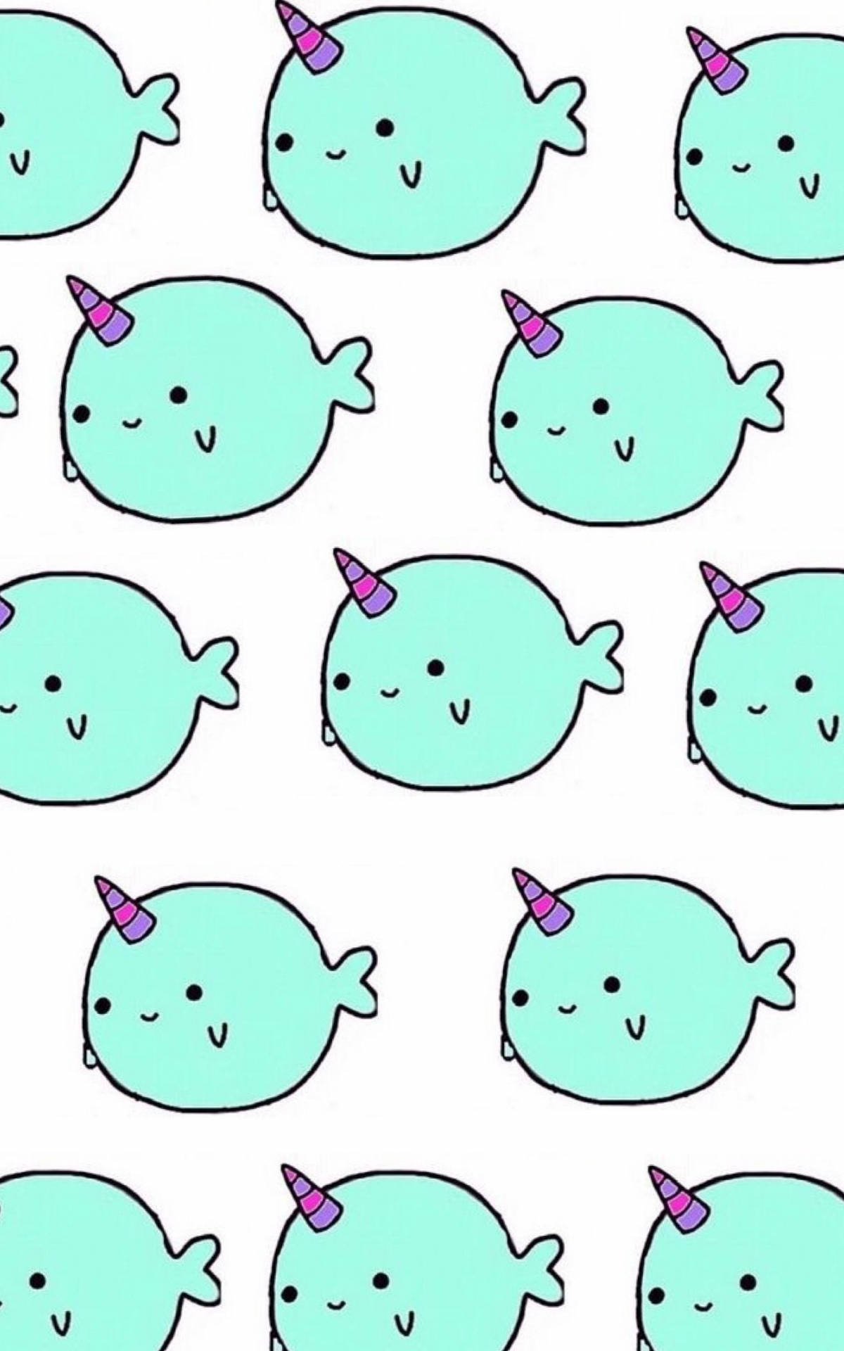 Narwhal 桌布 壁紙 — 在白色背景上重複的可愛薄荷綠色獨角鯨圖案，帶有紫色角和簡單的微笑。