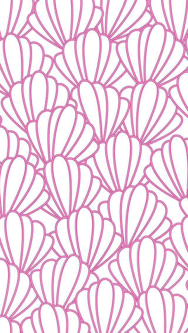Preppy 桌布 壁紙 — 在白色背景上重複的粉紅色輪廓貝殼形狀圖案。