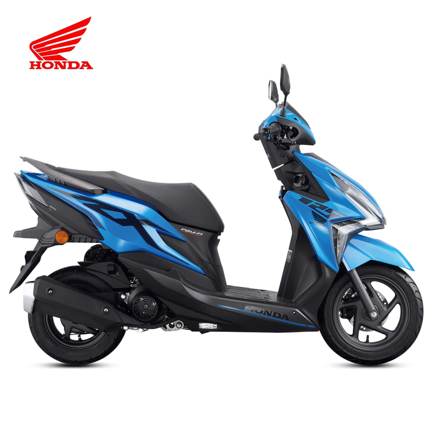 scooter 桌布 壁紙 — 在白色背景的攝影棚燈光下展示的時尚藍黑本田機車，帶有運動圖案。