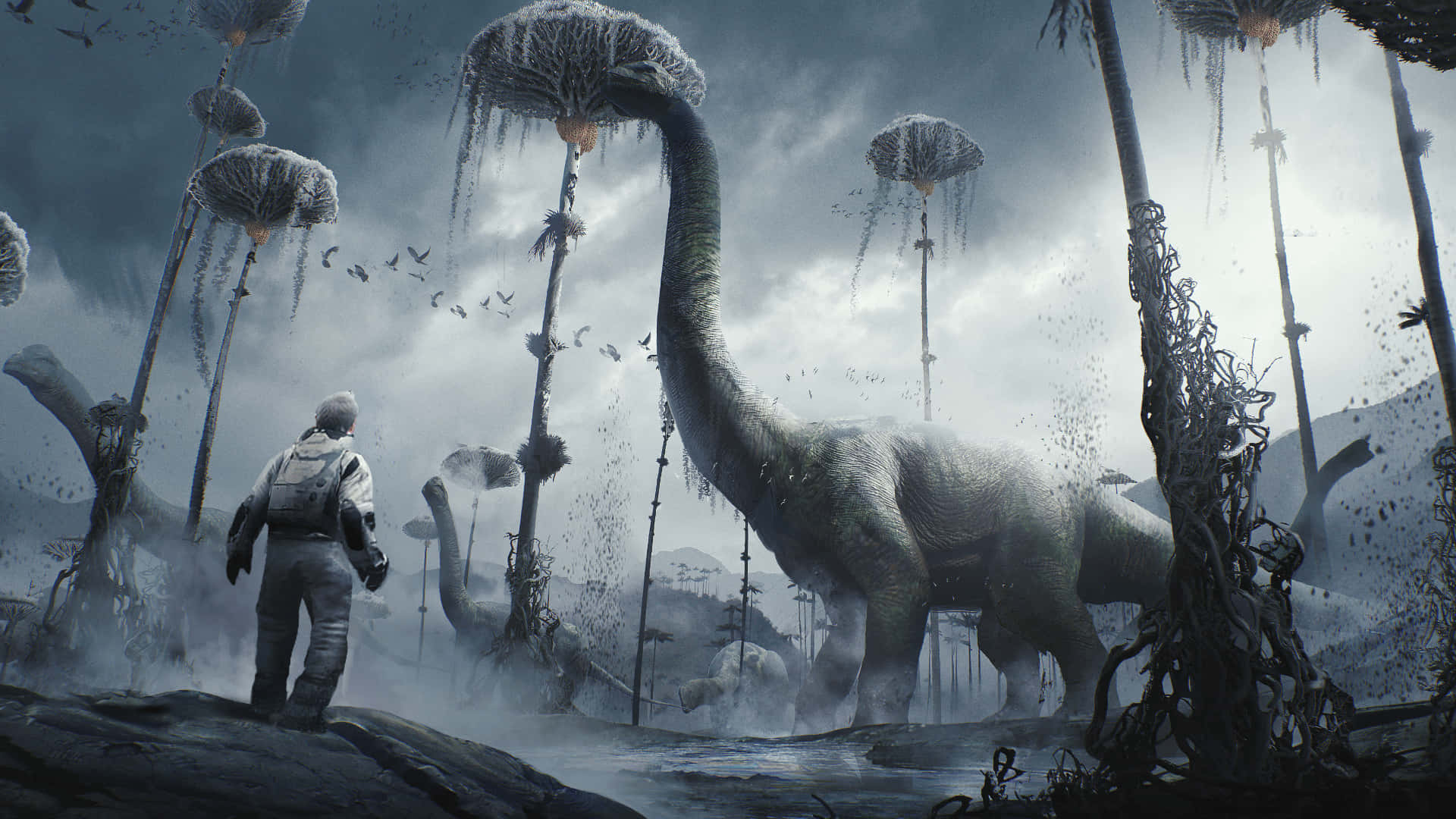 Cool Dinosaur 桌布 壁紙 — 在白雪覆蓋的外星景觀中，一位孤獨的探險家站在一棵巨大的恐龍面前，周圍是高聳的、結霜的樹木，天空風暴肆虐。