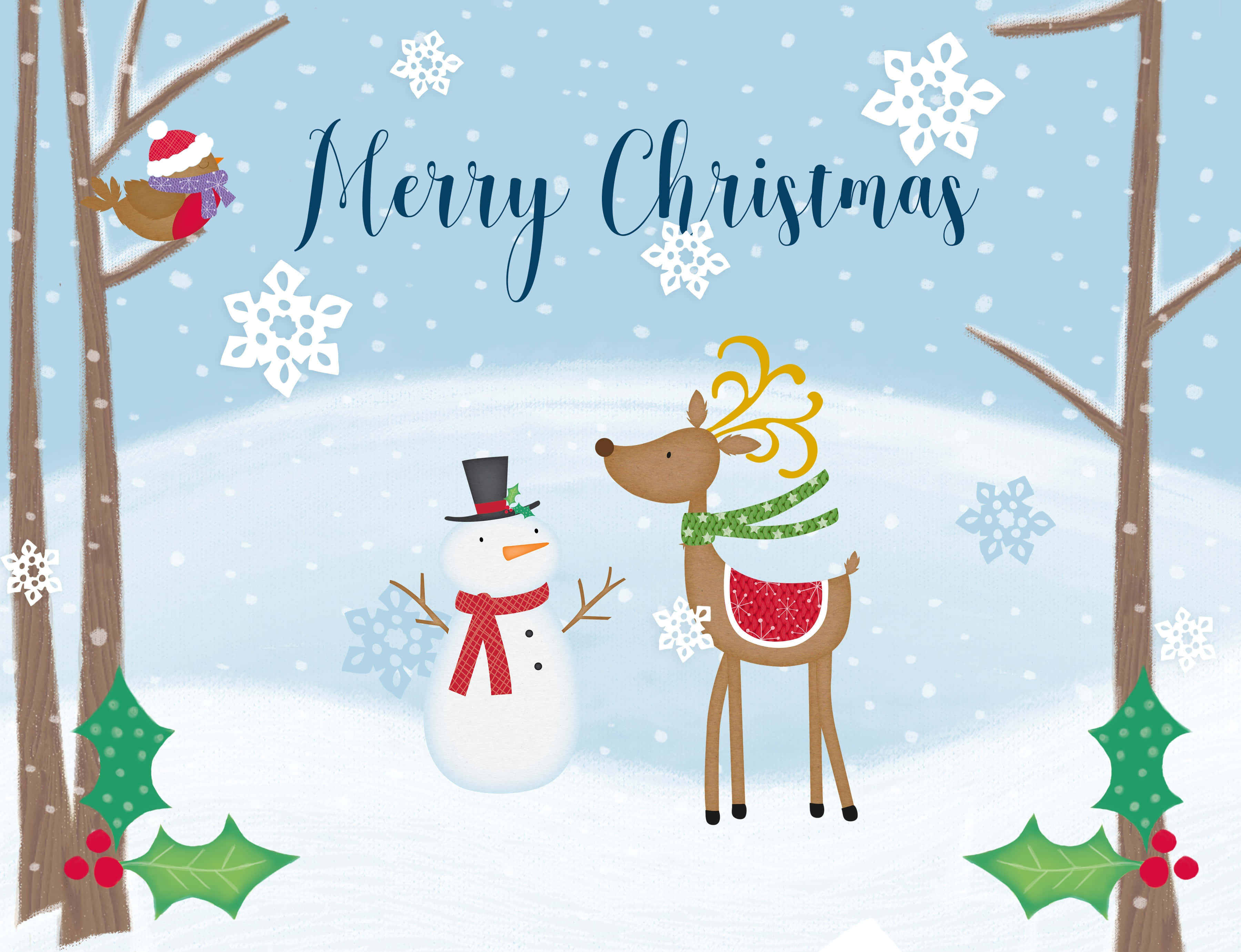 Christmas Winter Wonderland 桌布 壁紙 — 在白雪覆蓋的森林中，一個快樂的雪人和馴鹿，周圍有冬青漿果和飄落的雪花，下方有「聖誕快樂」的祝福語。