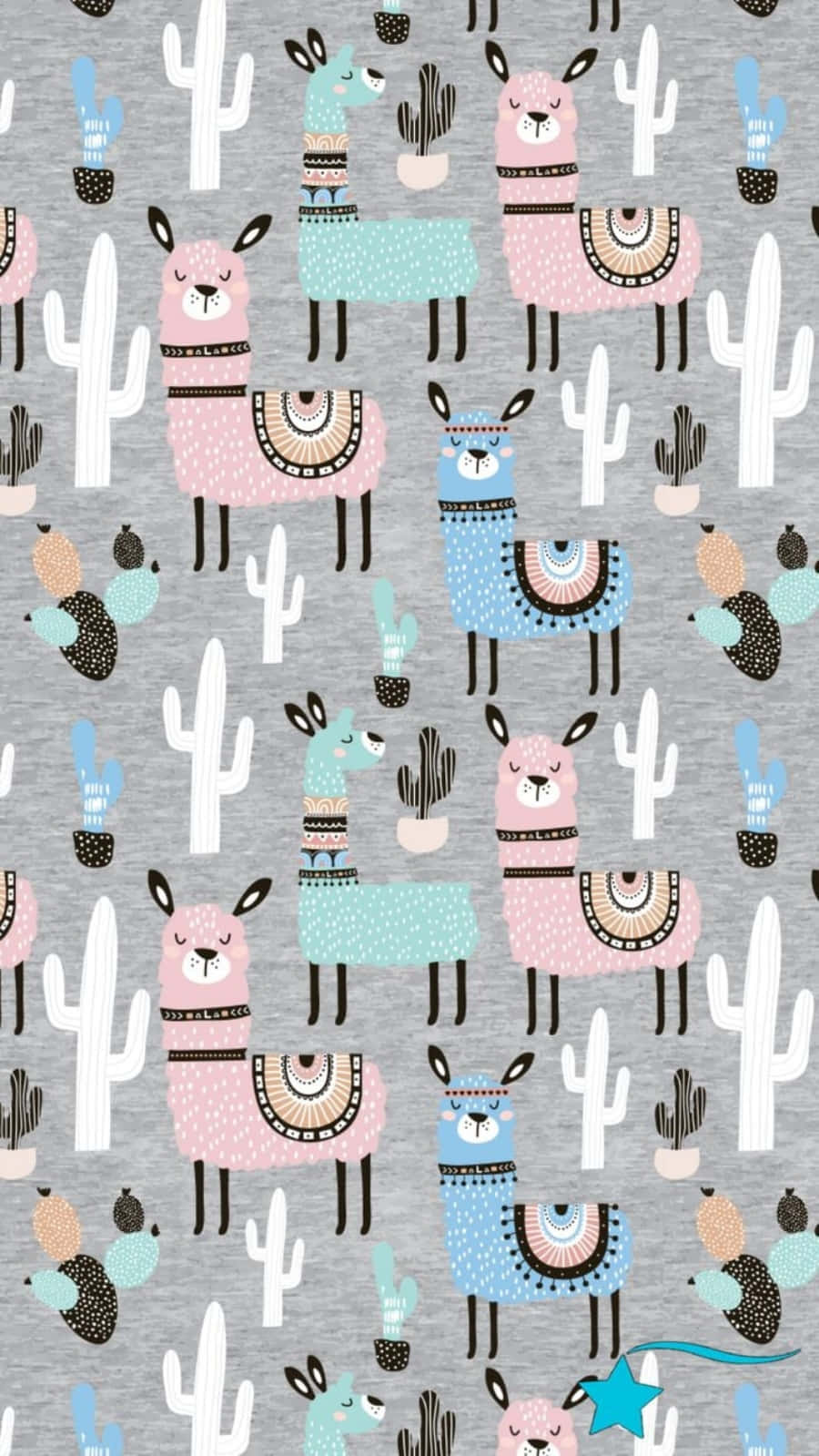 Cute Llama 桌布 壁紙 — 在石楠灰色背景上，以粉彩色的羊駝和仙人掌組成一個有趣的重複圖案。