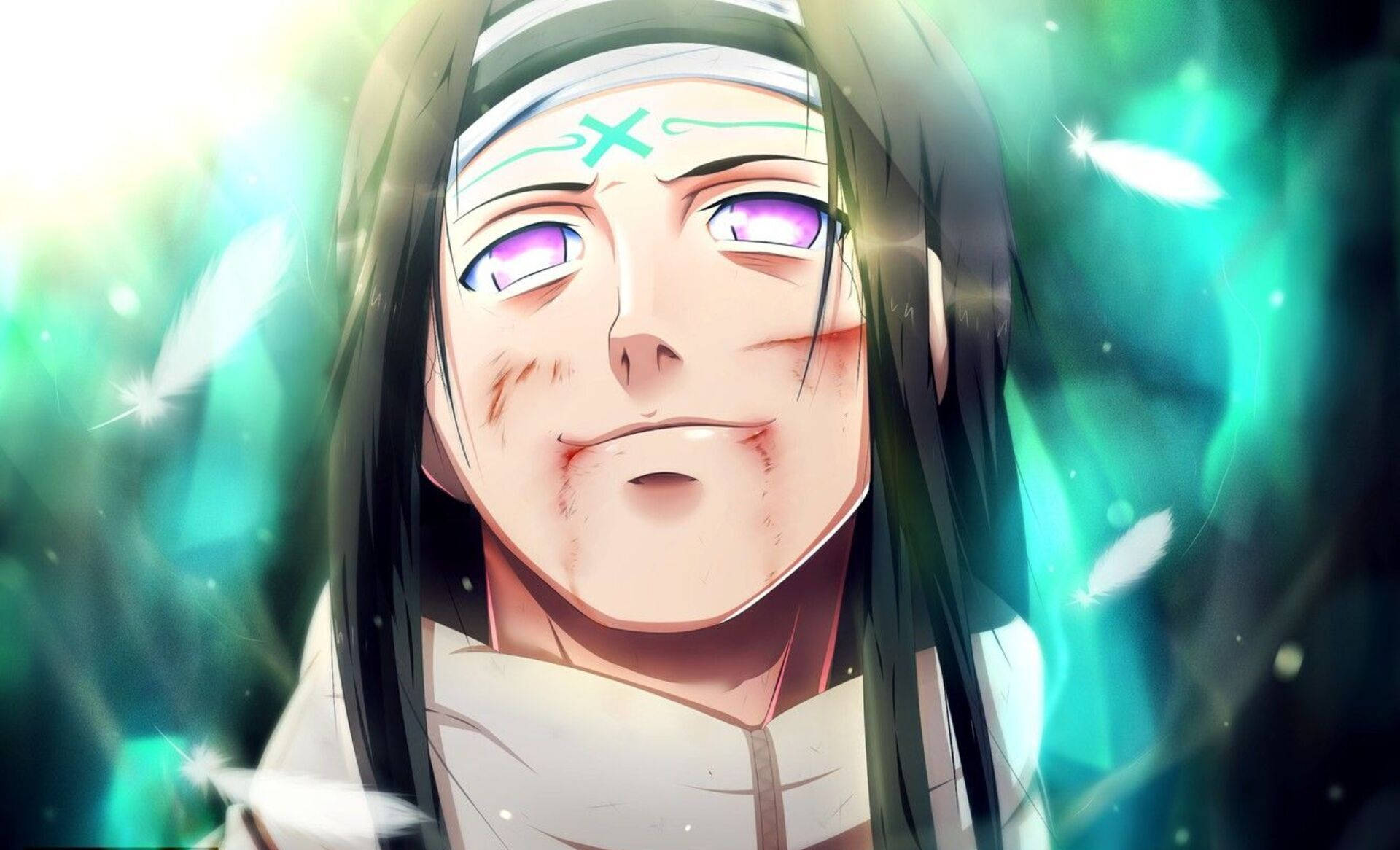 Neji 桌布 壁紙 — 在神秘場景中，擁有紫色眼睛和綠色光環的動漫角色被發光的羽毛包圍。