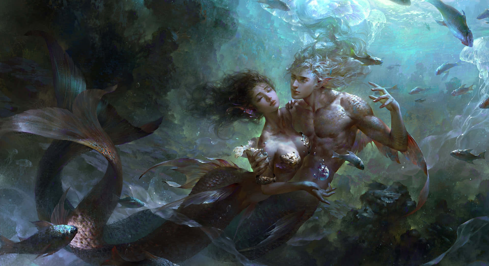 Real Mermaid 桌布 壁紙 — 在神秘海洋深處，一條人魚與一條男性人魚在發光的魚和珊瑚環繞下溫柔地水下擁抱。