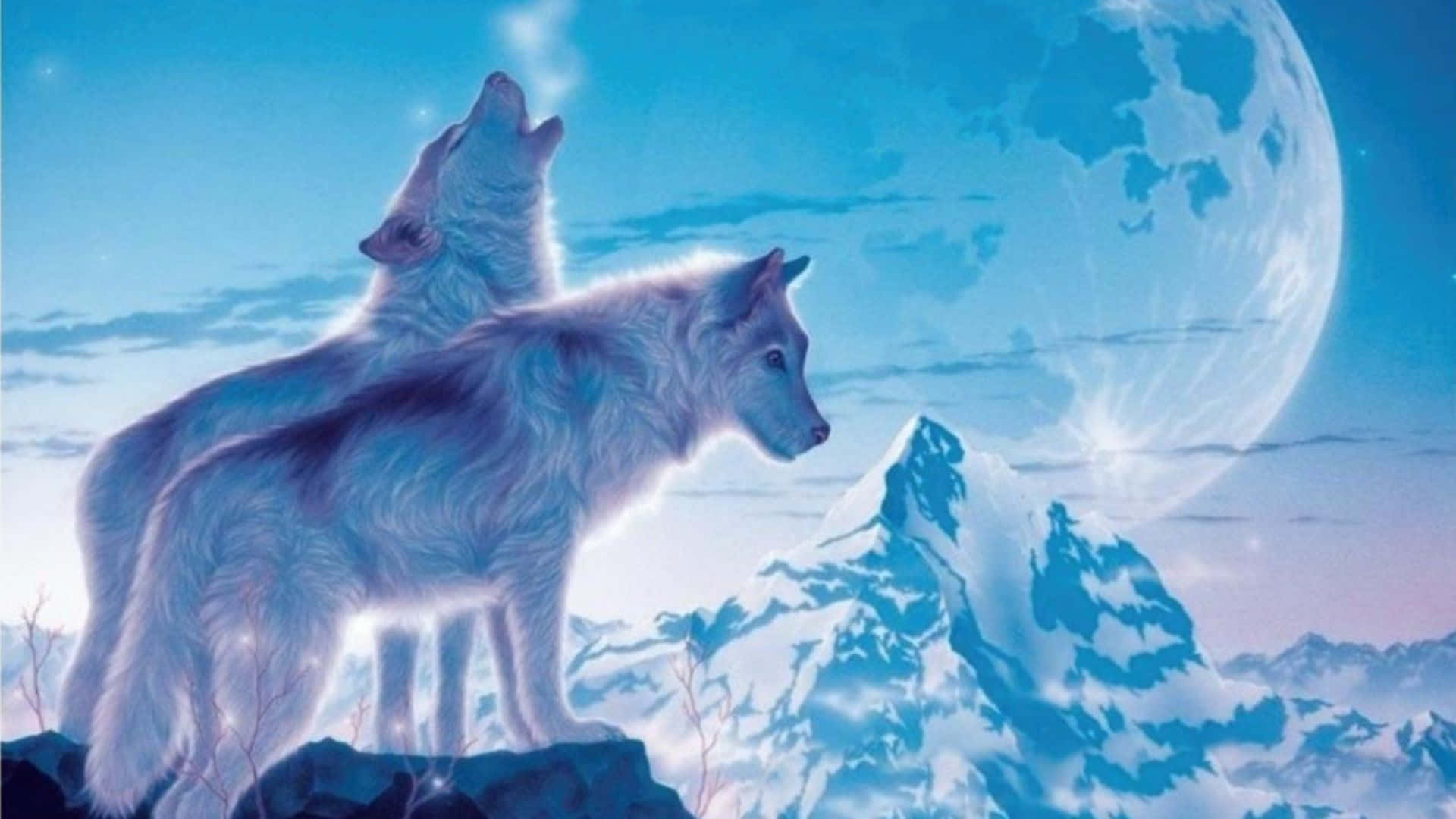 Cute Wolves 桌布 壁紙 — 在神秘的冬季景觀中，兩隻白狼在積雪的山峰上對著巨大的發光月亮嚎叫。