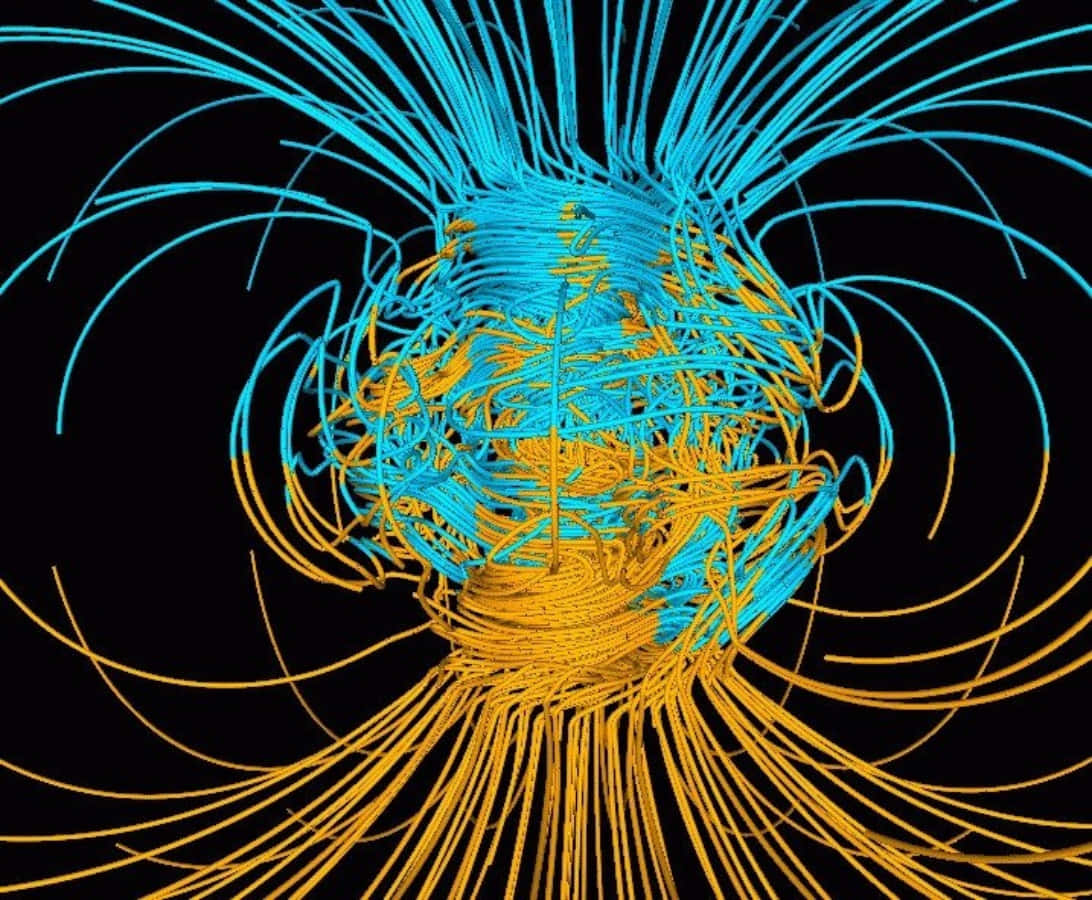 Magnetic Field 桌布 壁紙 — 在科學可視化中，充滿活力的藍色和金色磁場線在黑色虛空中動態旋轉。