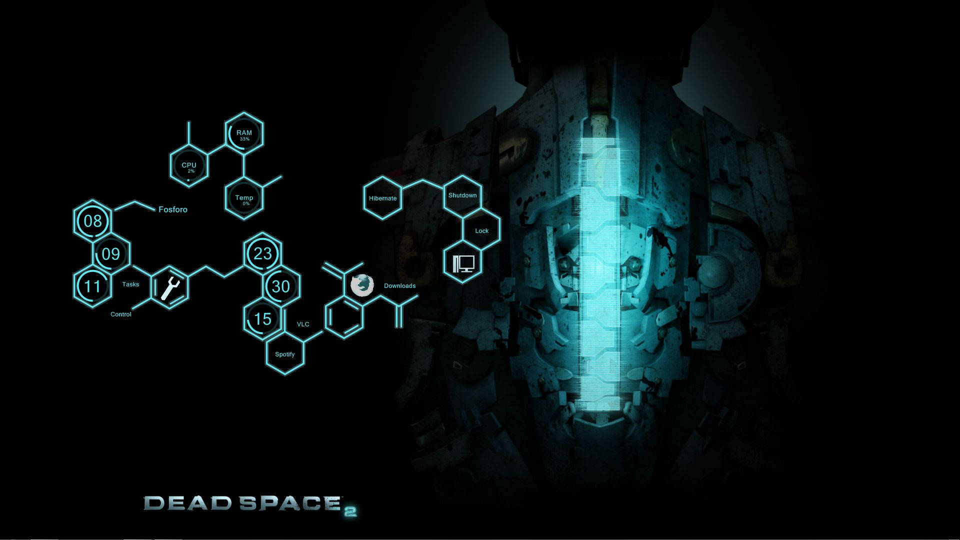 在 Dead Space 2 遊戲場景中，黑暗裝甲人物上方的發光藍色科技介面。 — 絕命異次元 GIF 壁紙