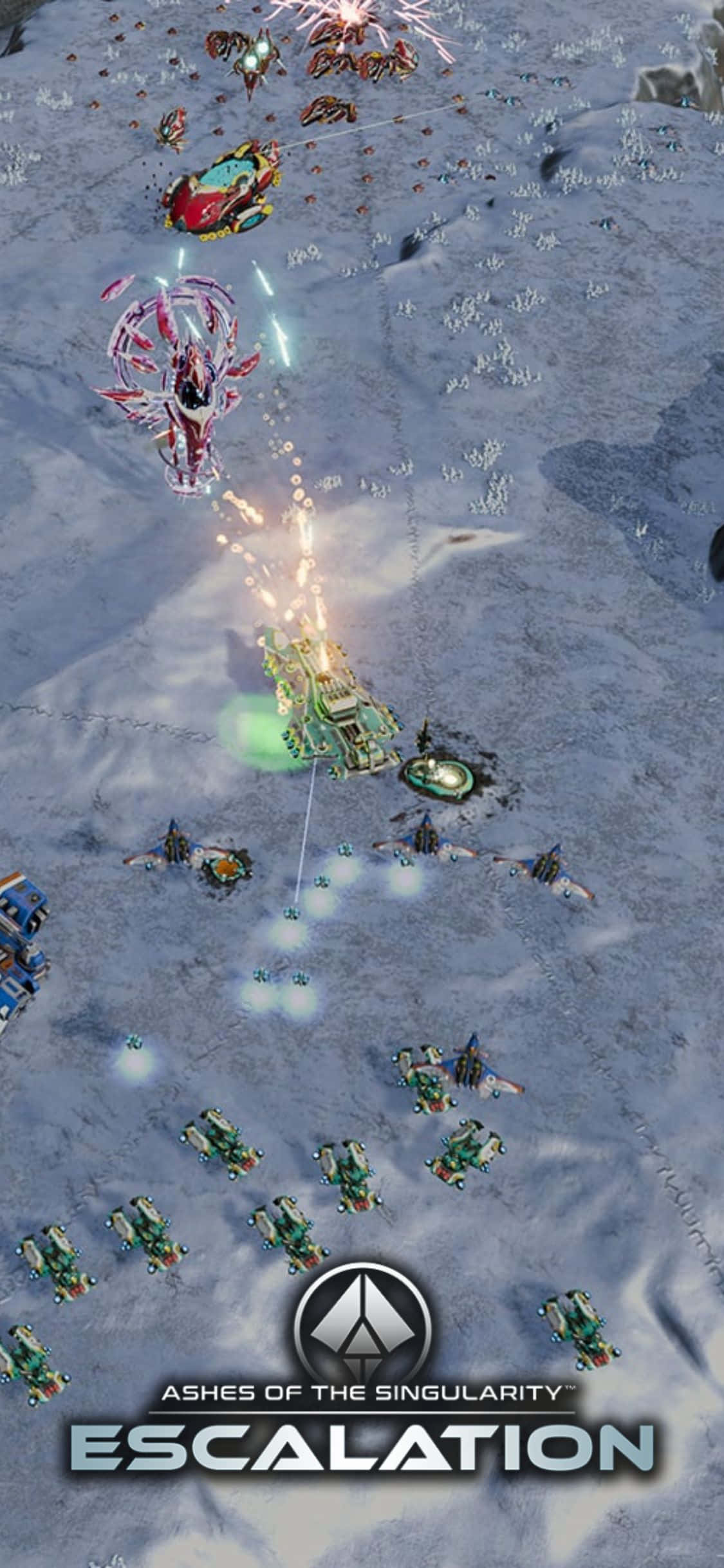 iPhone X Ashes Of The Singularity Escalation 桌布 壁紙 — 在科幻策略遊戲中，色彩繽紛的飛船在冰凍地形上發射雷射的激烈太空戰鬥。