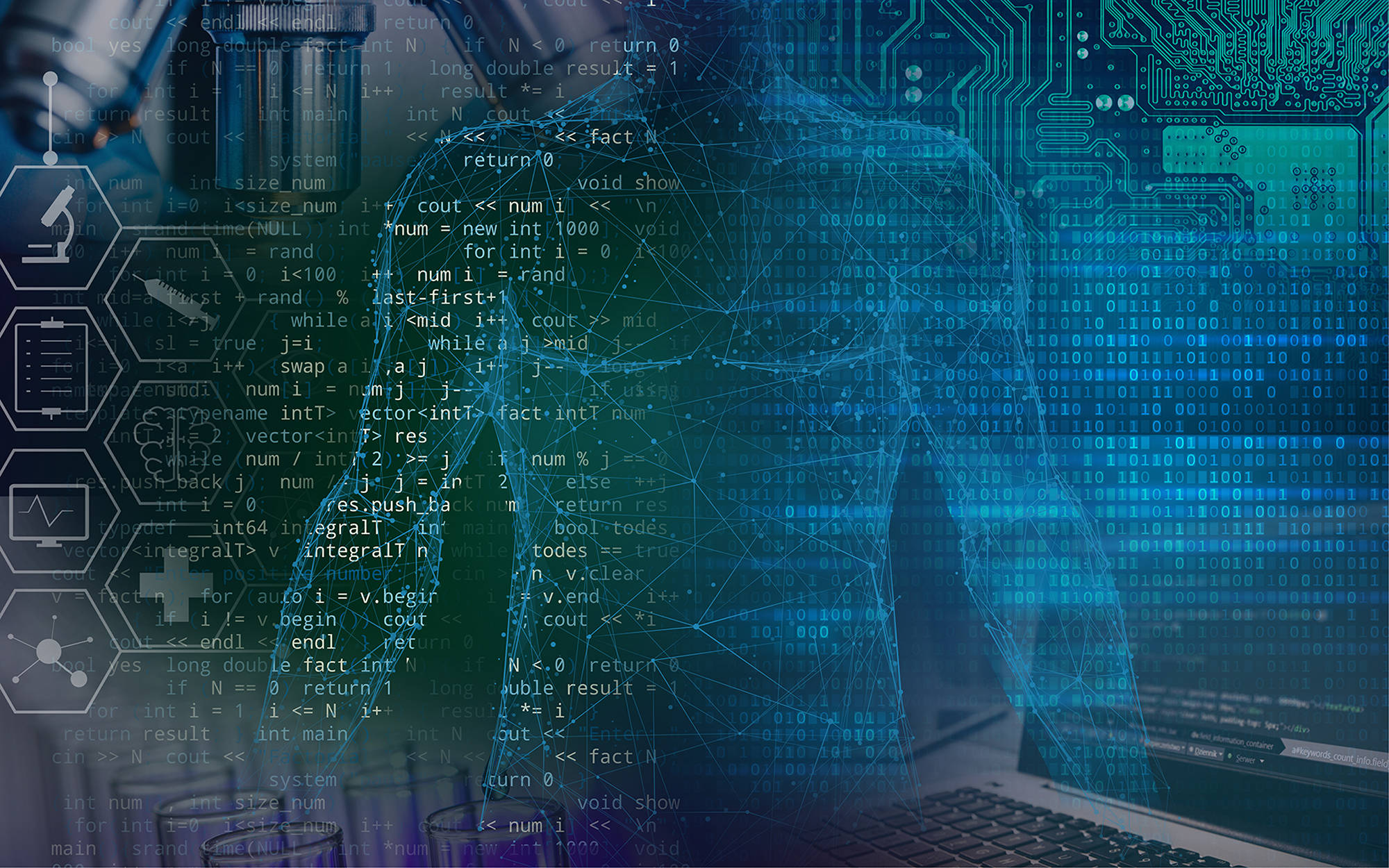 Code 桌布 壁紙 — 在科技主題背景上，一個發光的藍色數位人類剪影從層疊的程式碼和電路中浮現。