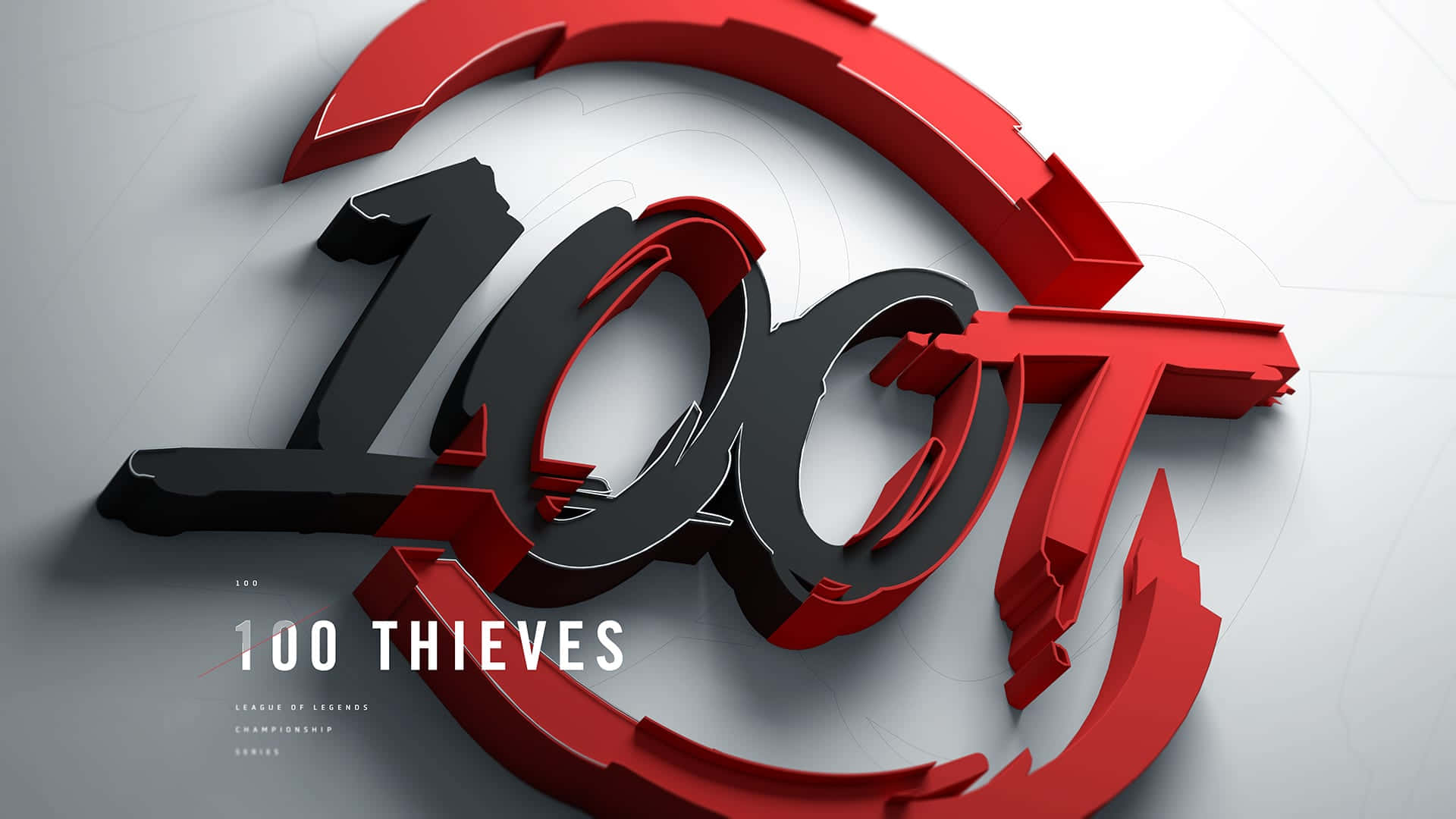 Esports 桌布 壁紙 — 在簡約灰色背景上，大膽的3D紅黑「100」標誌及「100 THIEVES」文字。