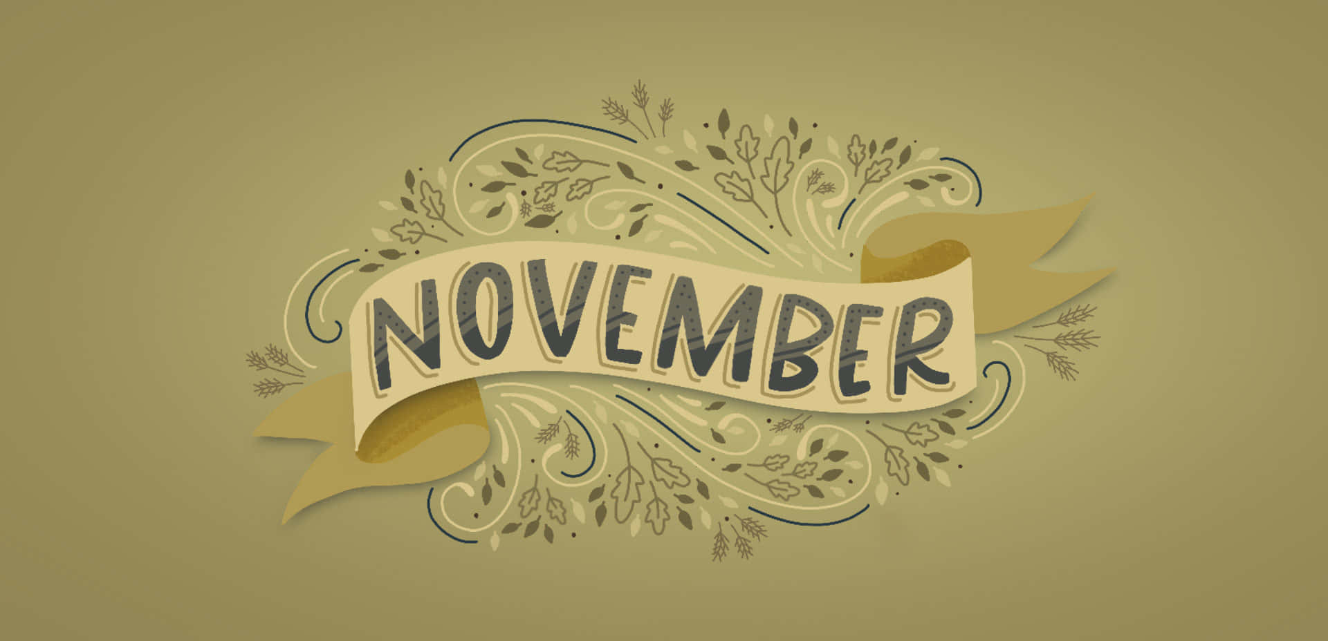 Aesthetic November 桌布 壁紙 — 在米色橫幅上以復古字體呈現優雅的十一月字體設計，飾以秋葉和漩渦圖案。