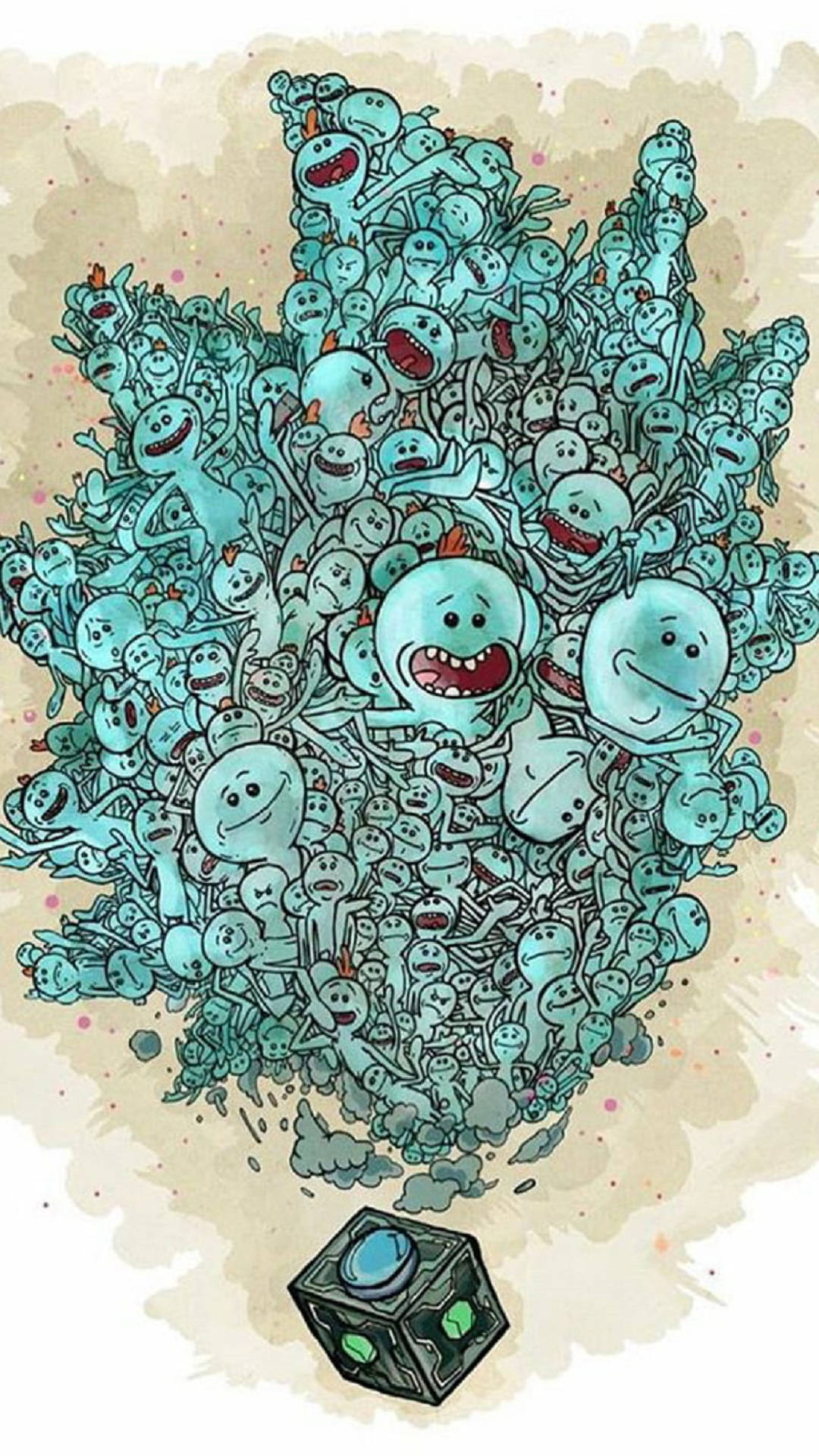 Meeseeks 桌布 壁紙 — 在米色水彩背景上，一個小小的黑色立方體爆發出混亂的藍綠色卡通面孔，表情各異。