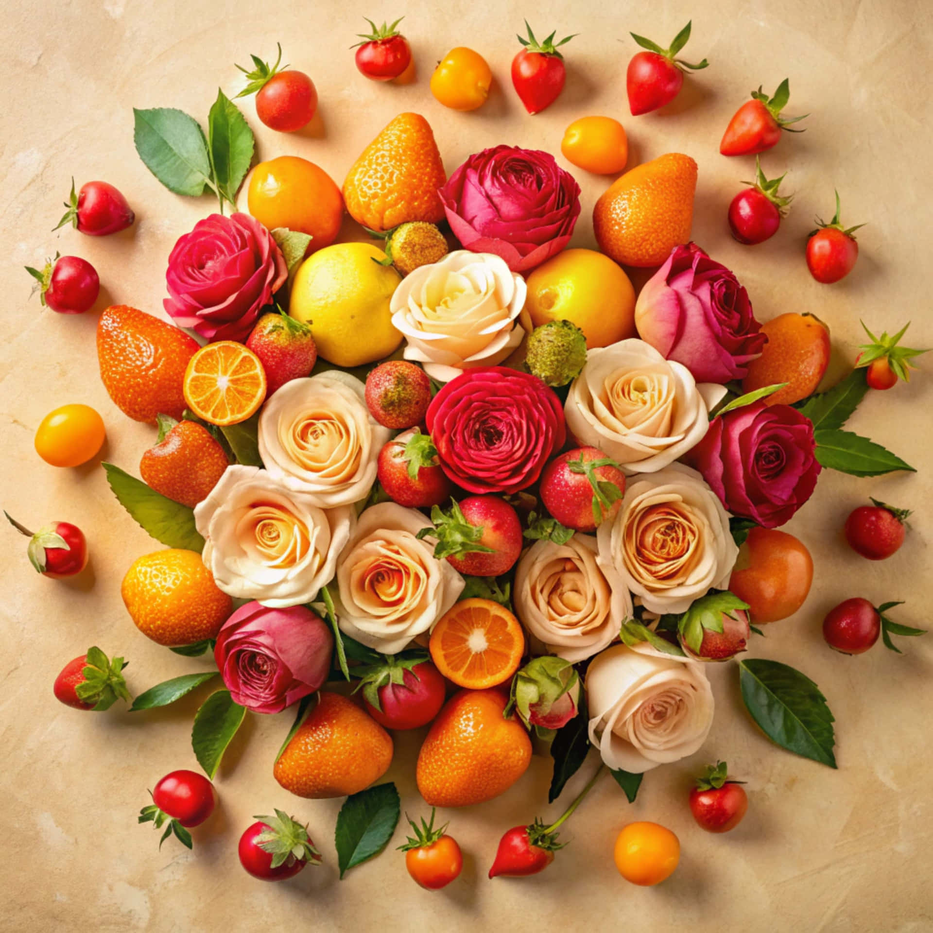 Roses and fruit 壁紙 — 在米色紋理表面上，一個充滿活力的俯拍佈置，包括玫瑰和柑橘類水果，如草莓、橙子和檸檬。