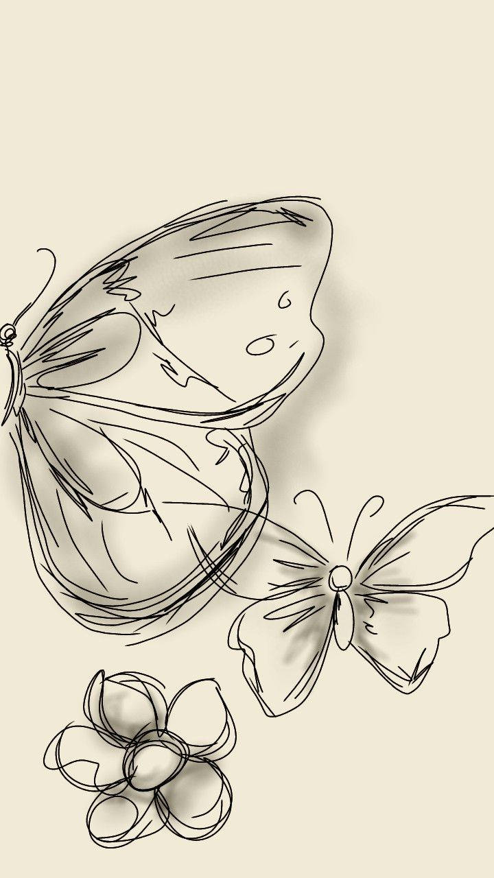 Butterflies 桌布 壁紙 — 在米色背景上，兩隻蝴蝶和一朵花的精緻素描，帶有柔和陰影。