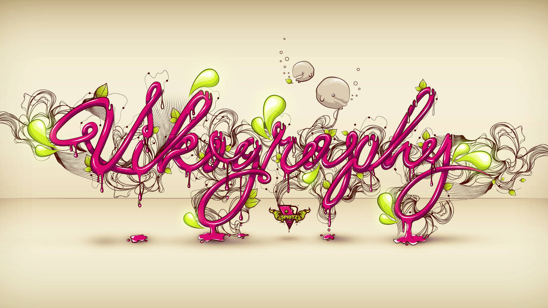 Typography 桌布 壁紙 — 在米色背景上，帶有滴落油漆和綠色葉子點綴的鮮豔粉紅色3D渲染文字藝術。