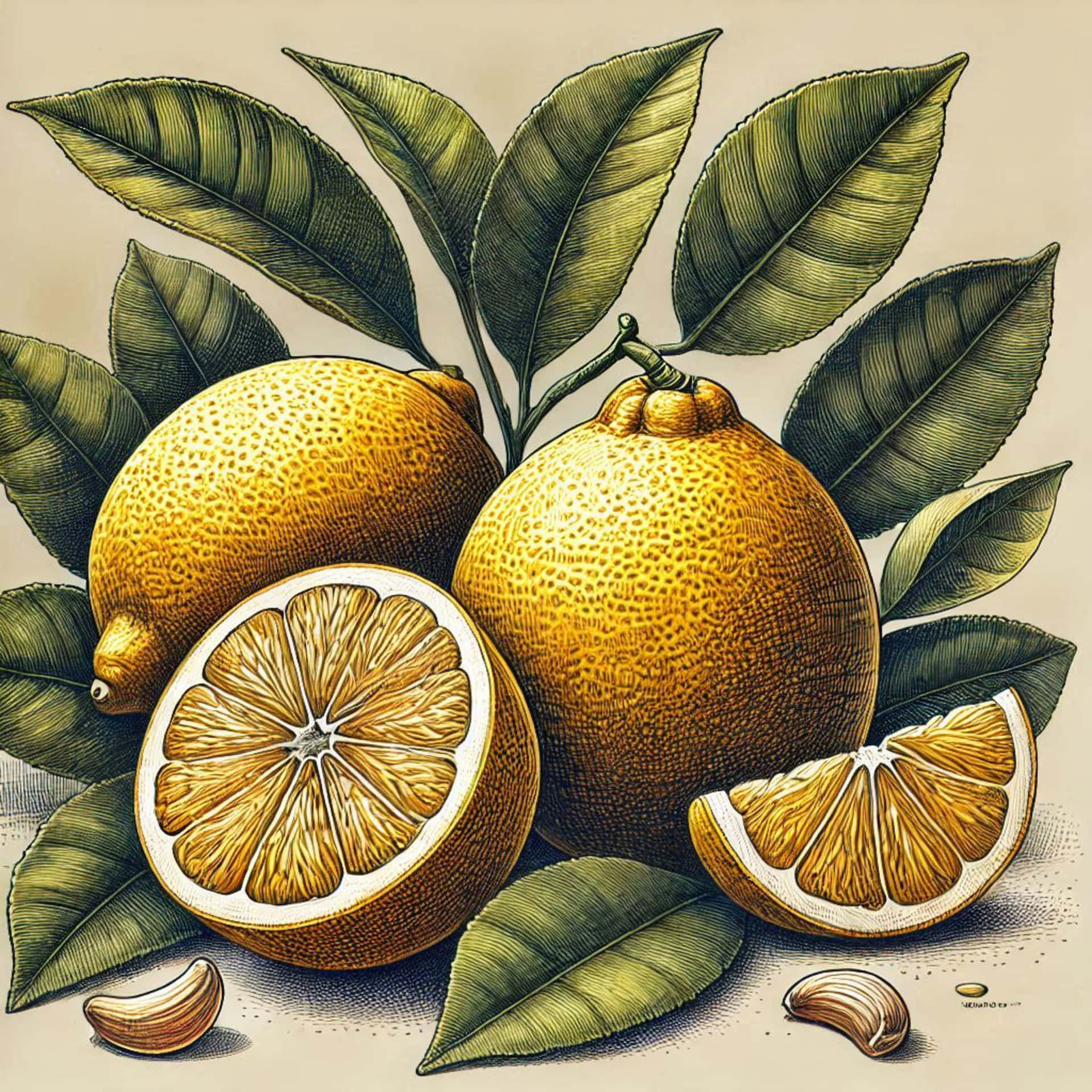 lemon 壁紙 — 在米色背景上，詳細的復古插圖，描繪了完整和切片檸檬，附有葉子和蒜瓣。