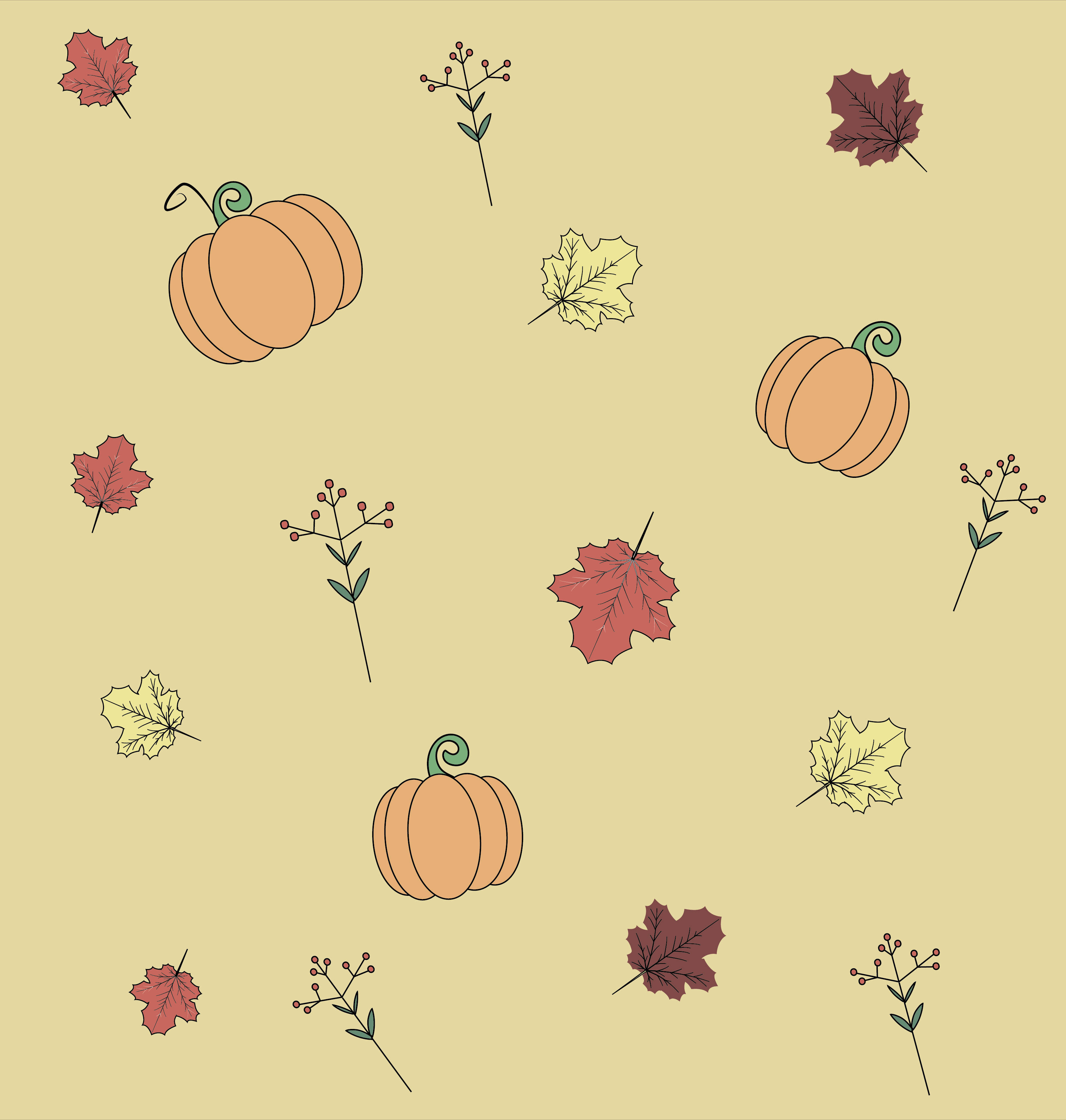 Fall Leaves 桌布 壁紙 — 在米色背景上以極簡線條藝術風格重複出現的南瓜、秋葉和莖的圖案。