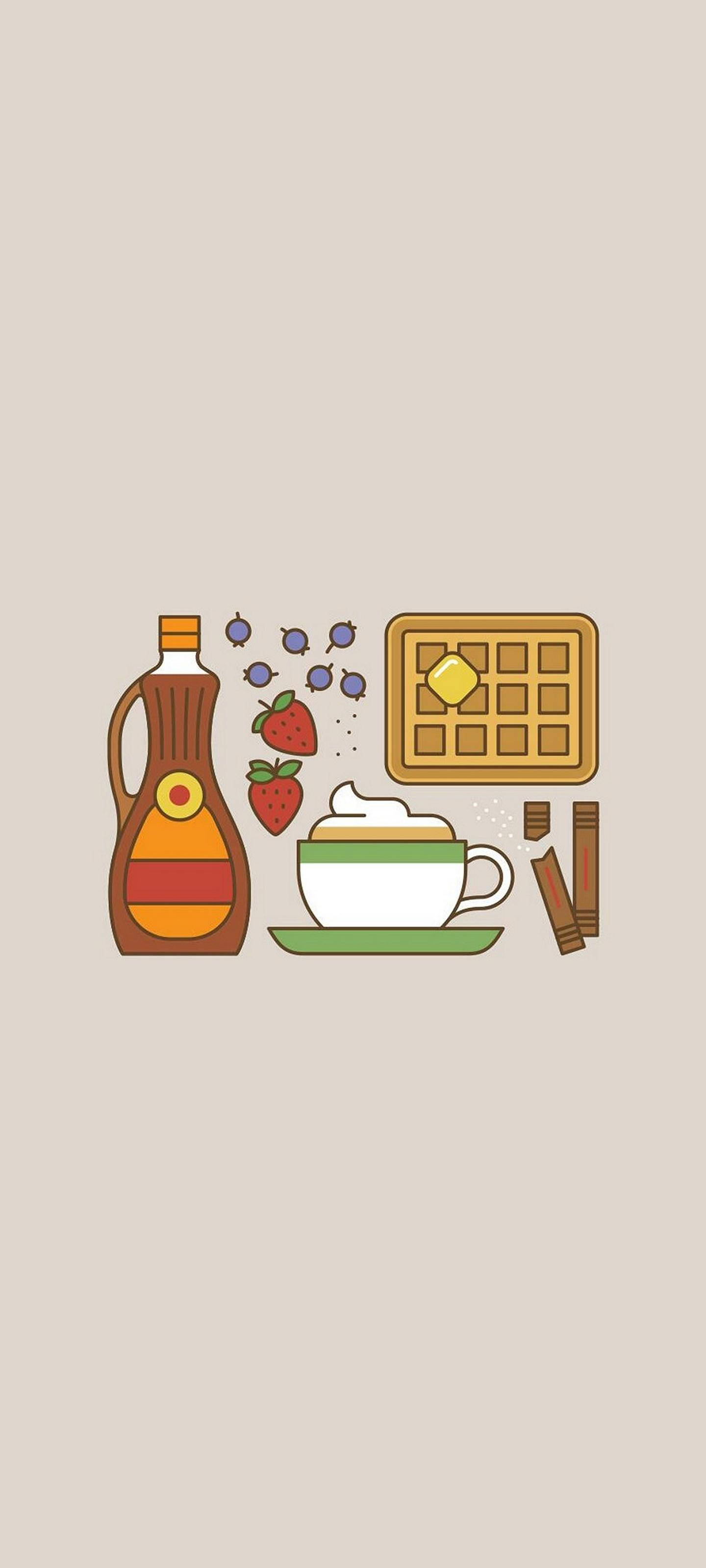 早餐 桌布 壁紙 — 在米色背景上以極簡風格繪製的早餐食品插圖，包括鬆餅、糖漿、草莓和咖啡。