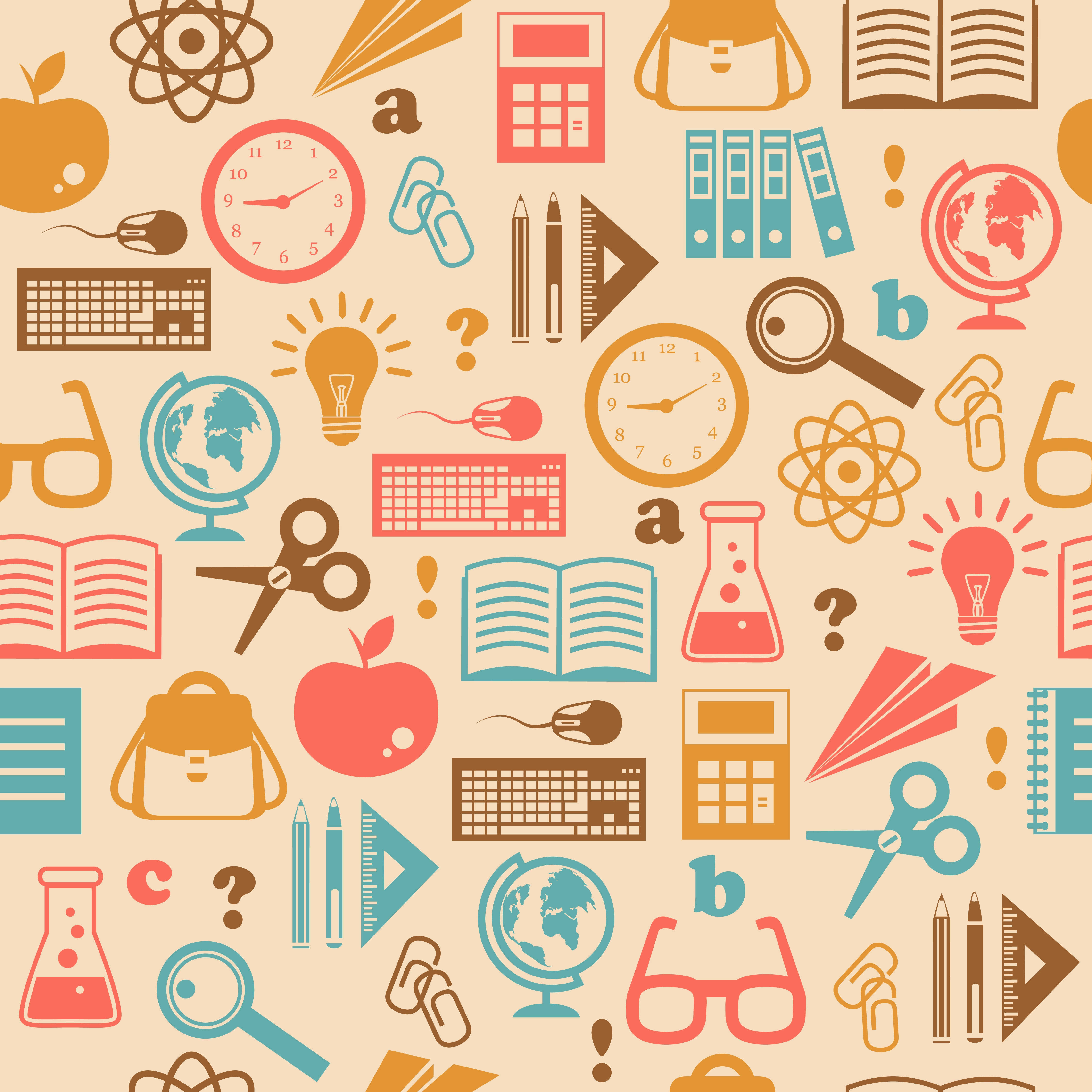 Educational 桌布 壁紙 — 在米色背景上以溫暖色調呈現的學校用品和科學圖標的鮮豔圖案。